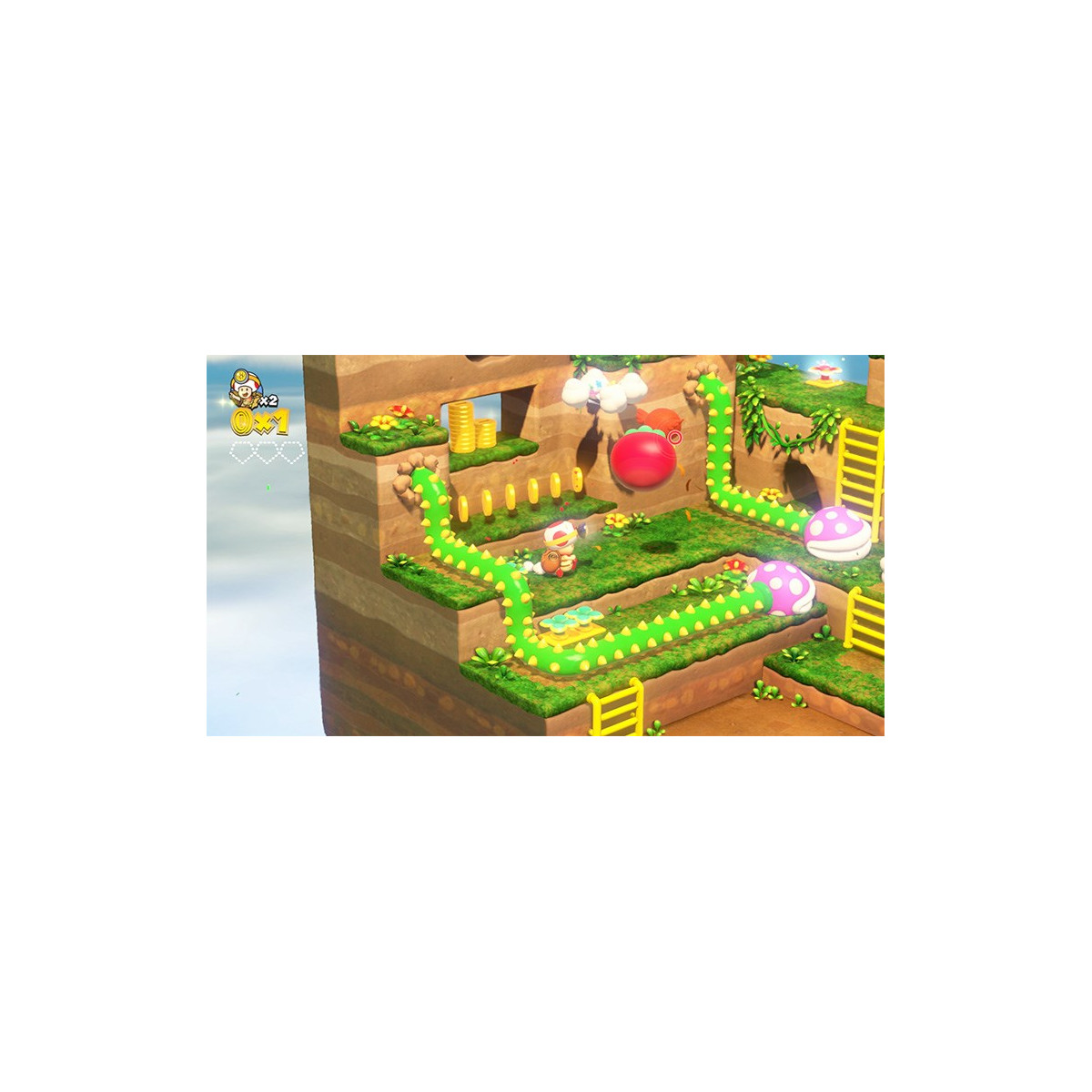 Scena z gry wideo. Postać znajduje się na zielonej ścieżce, z monetami i czerwonym grzybem.