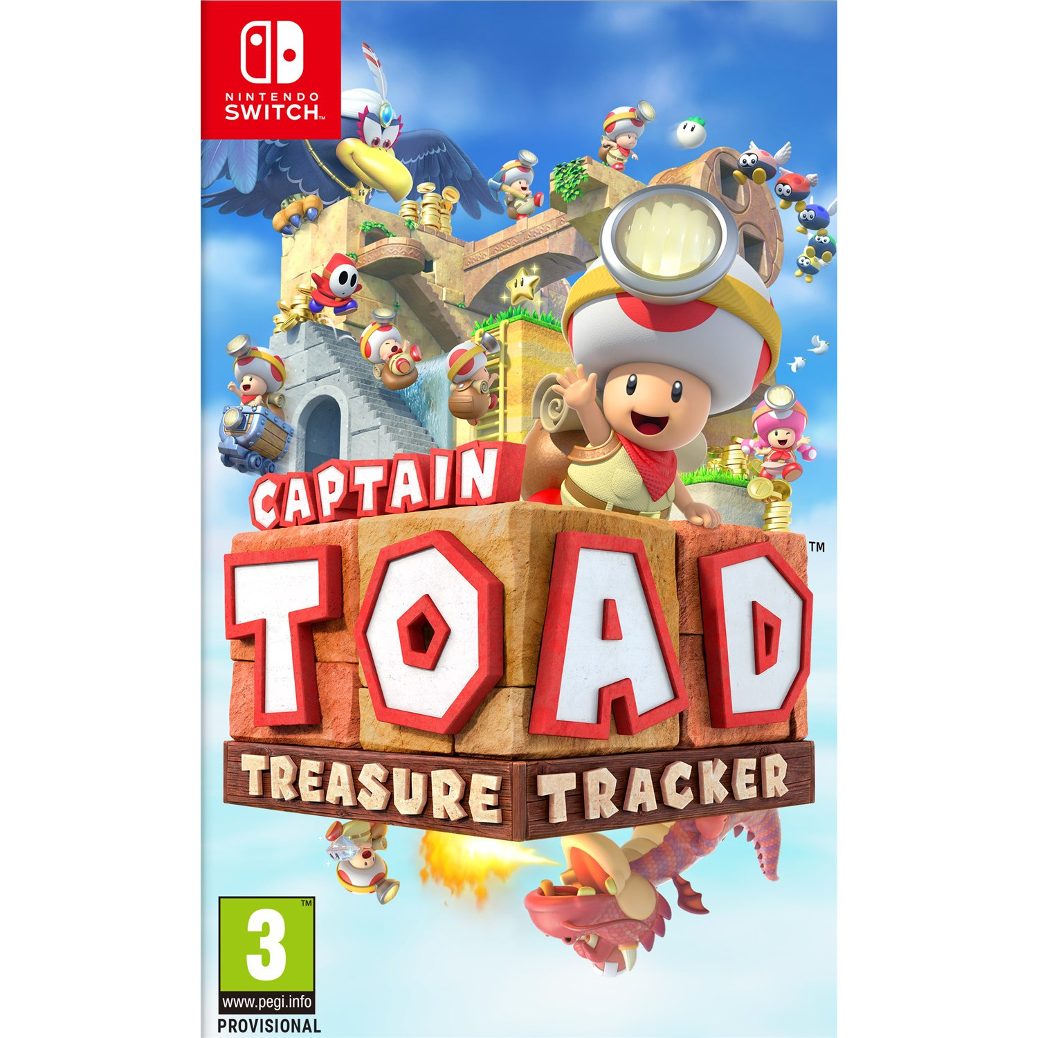 Okładka gry Captain Toad: Treasure Tracker. Postać Toada na drewnianym klocku ze smokiem.