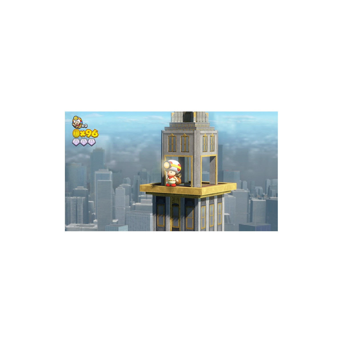 Toad stoi na szczycie Empire State Building w grze wideo, z miastem w tle.