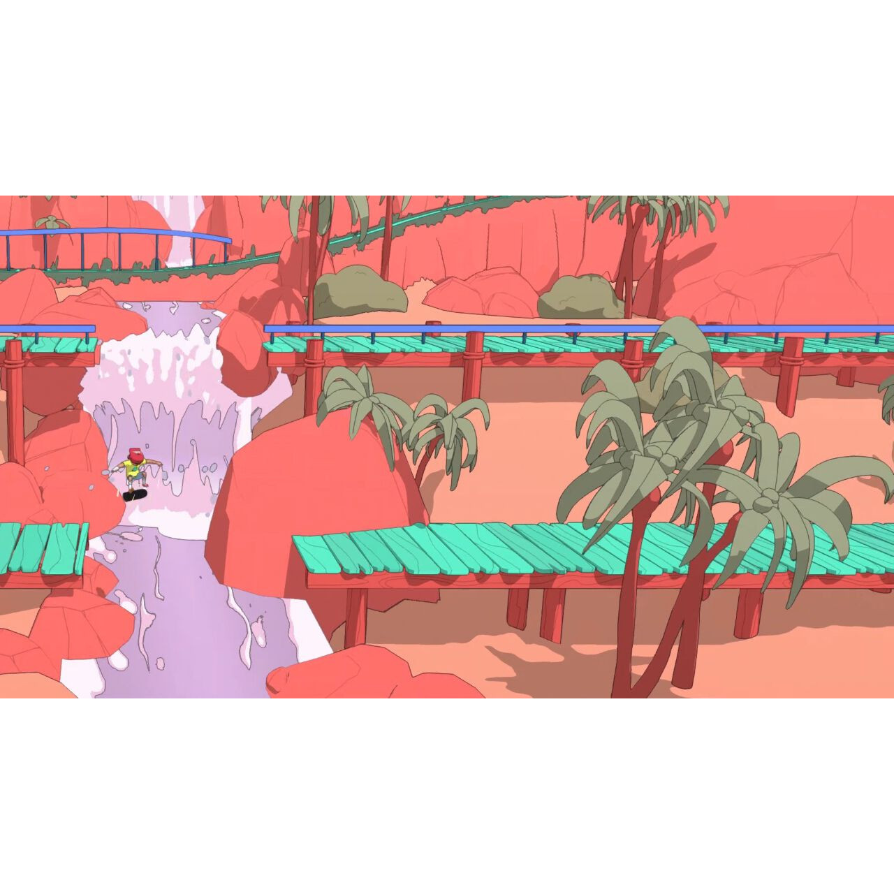 Scena z kreskówki z mostami, wodospadami i osobą w czerwono-żółtym stroju.