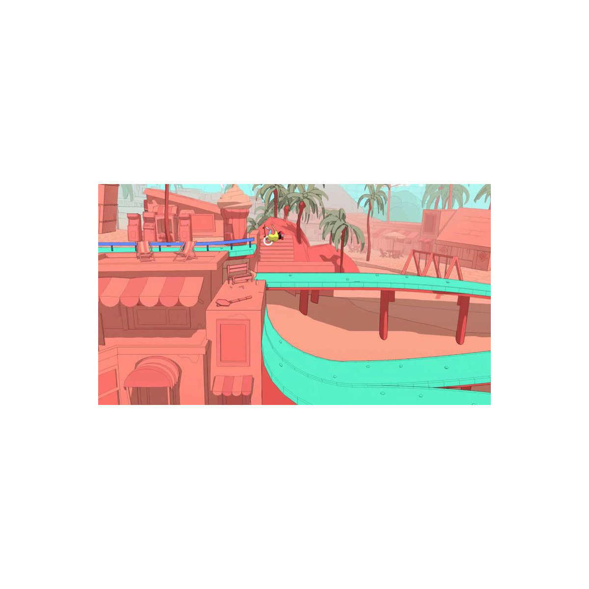 Miasto w stylu kreskówki z czerwonymi budynkami i turkusową drogą. Żółty pojazd na drodze.