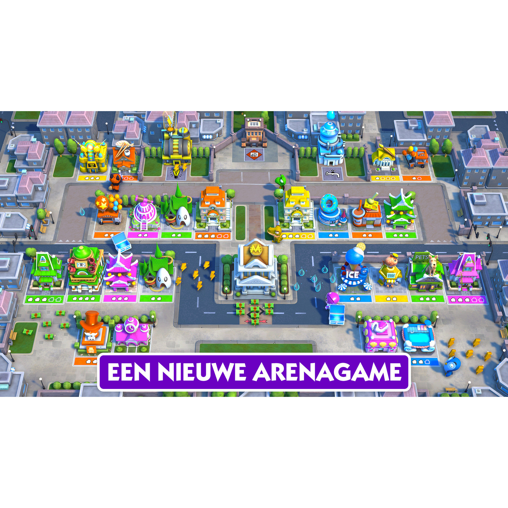 Tętniące życiem miasto z różnymi budynkami i pojazdami. Tekst na banerze: 'EEN NIEUWE ARENAGAME'.