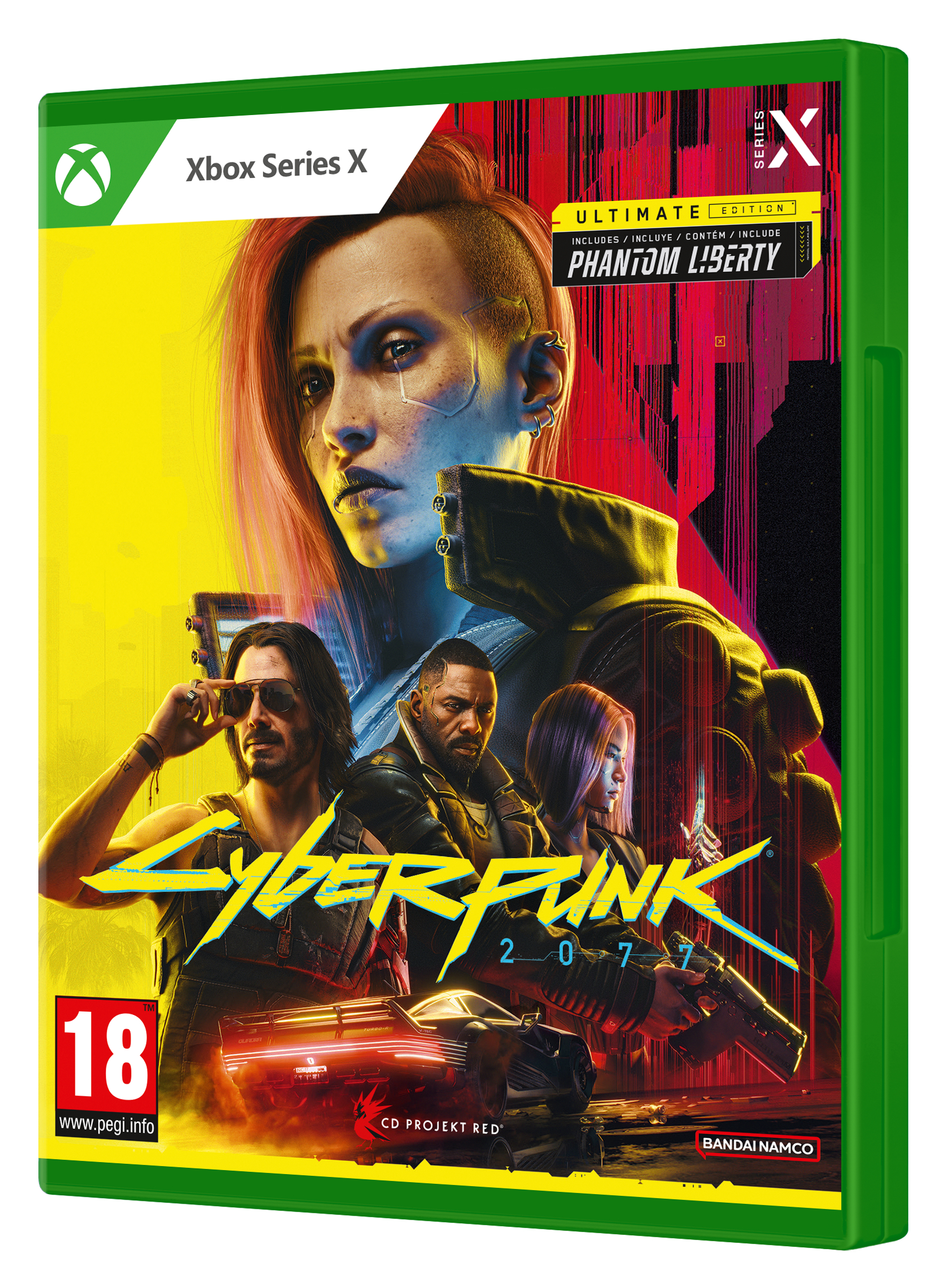 Portada del juego Xbox Series X: Cyberpunk 2077: Phantom Liberty. Personajes en la portada, caja verde.