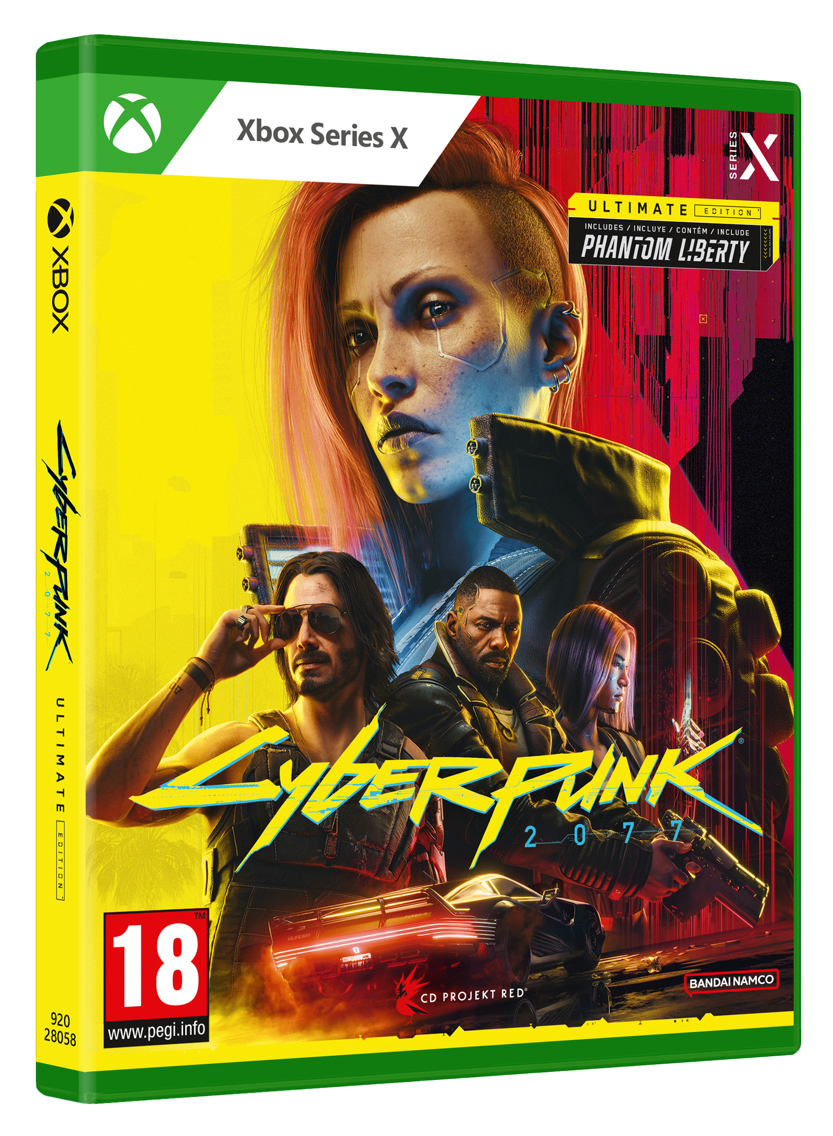 Caja de juego. Una mujer con pelo rojo y diseño futurista está en la portada. El juego es Cyberpunk 2077.