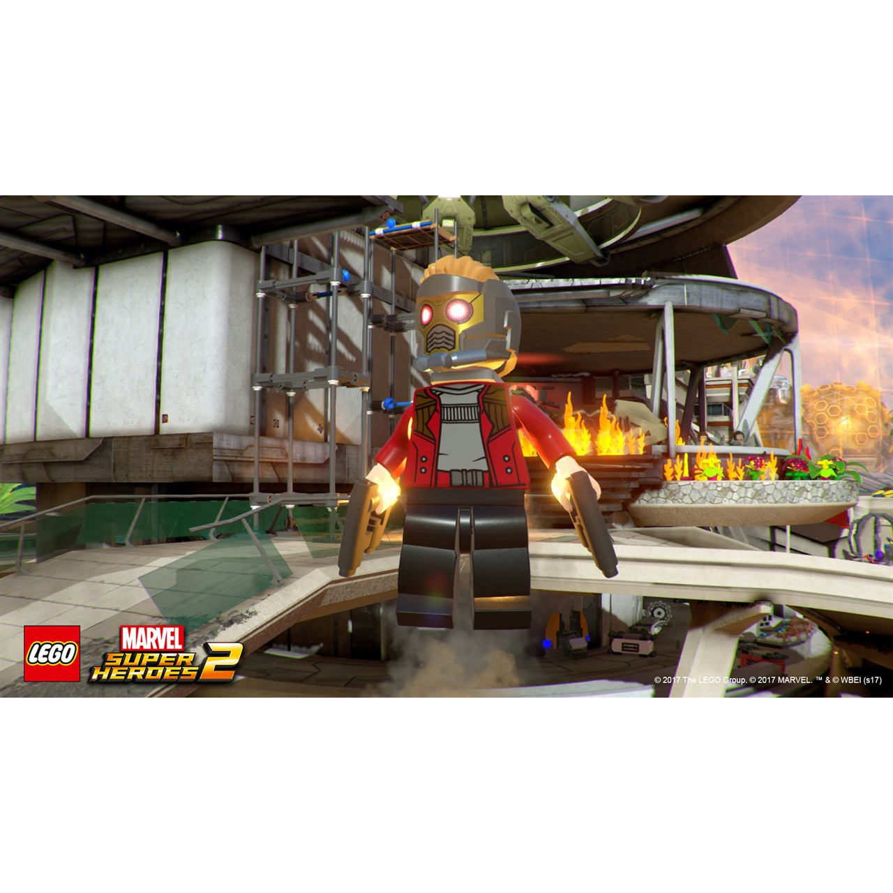 Figura Lego Star-Lord con pistole, di fronte a uno sfondo di città futuristica con un logo.