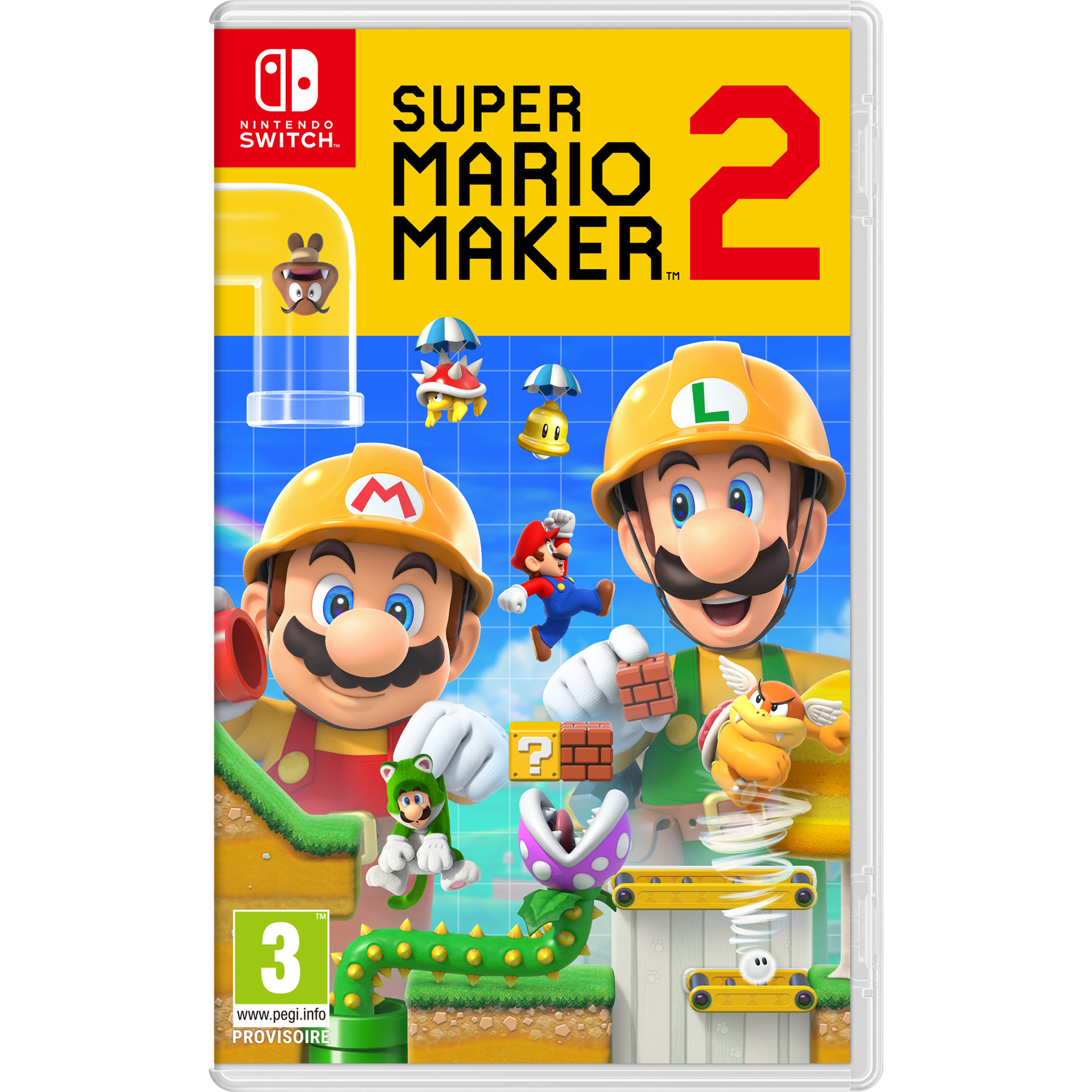 Pudełko z grą Super Mario Maker 2 na Nintendo Switch. Przedstawiono Mario i Luigiego.
