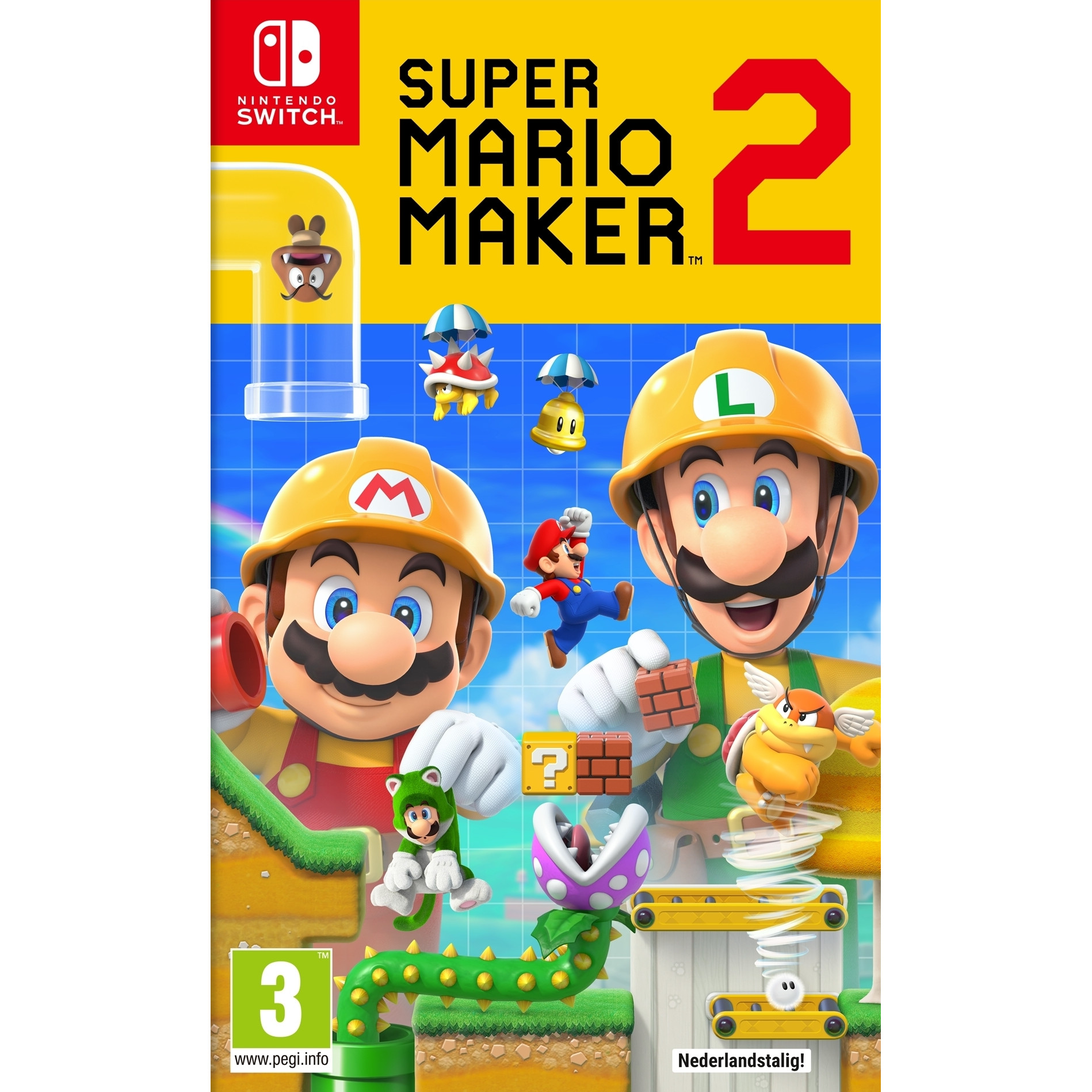 Pudełko gry Super Mario Maker 2. Mario i Luigi w kaskach budowlanych, z elementami gry.