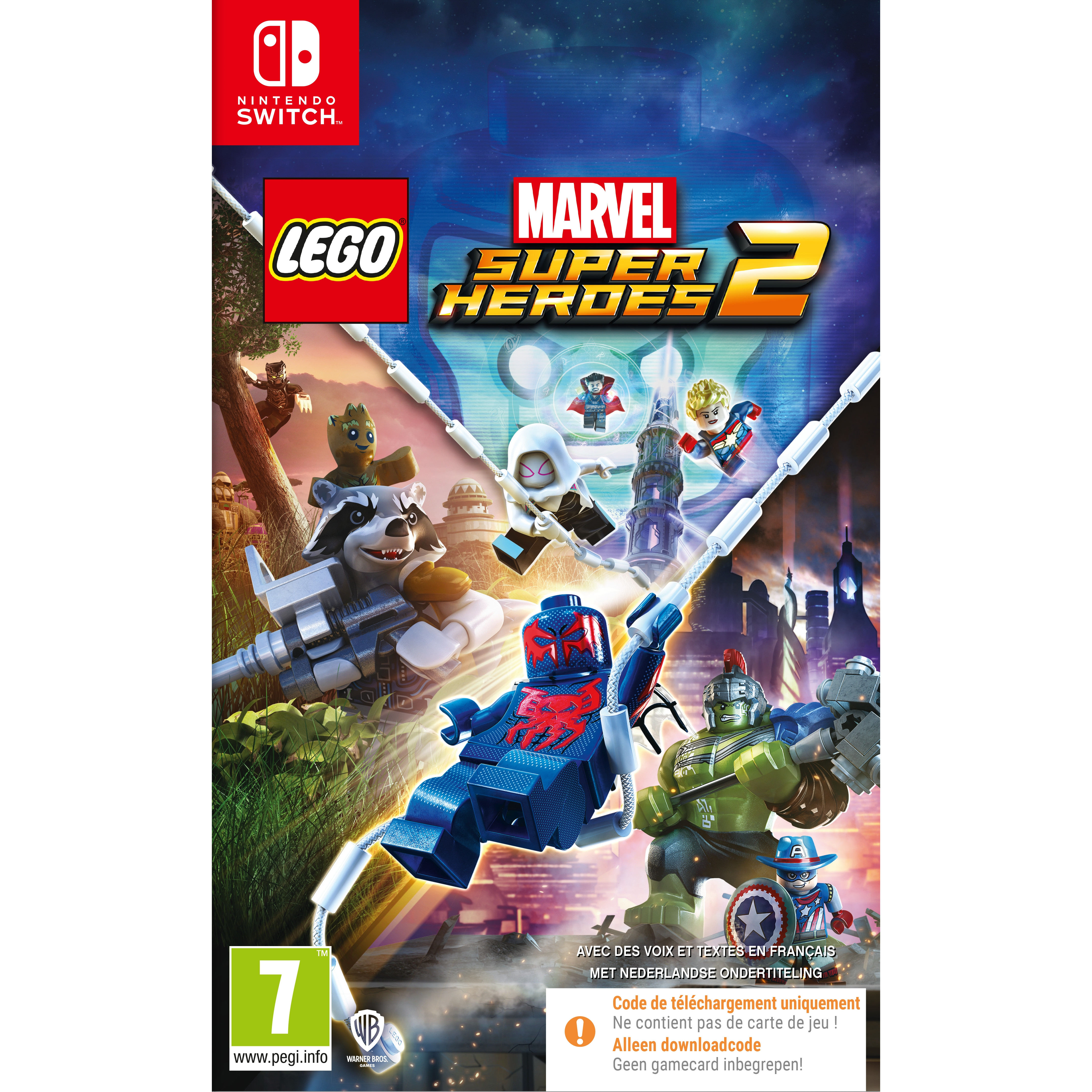 Copertina del gioco Lego Marvel Super Heroes 2. Personaggi Lego, una città e una ragnatela. Logo Nintendo Switch.