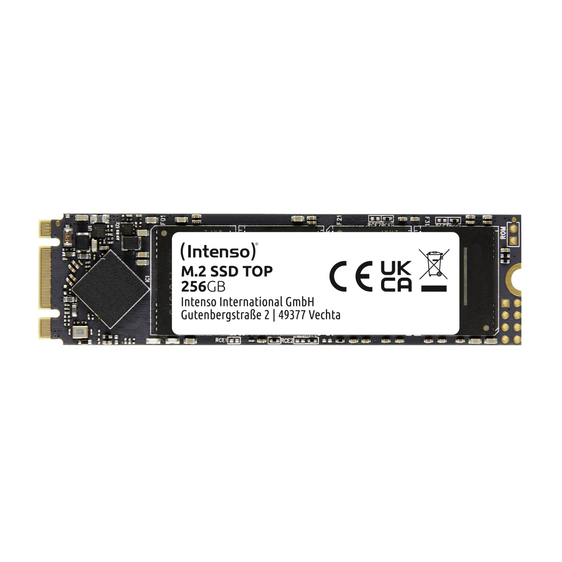 M.2 SSD-Festplatte. Die Festplatte ist schwarz und trägt den Markennamen Intenso.