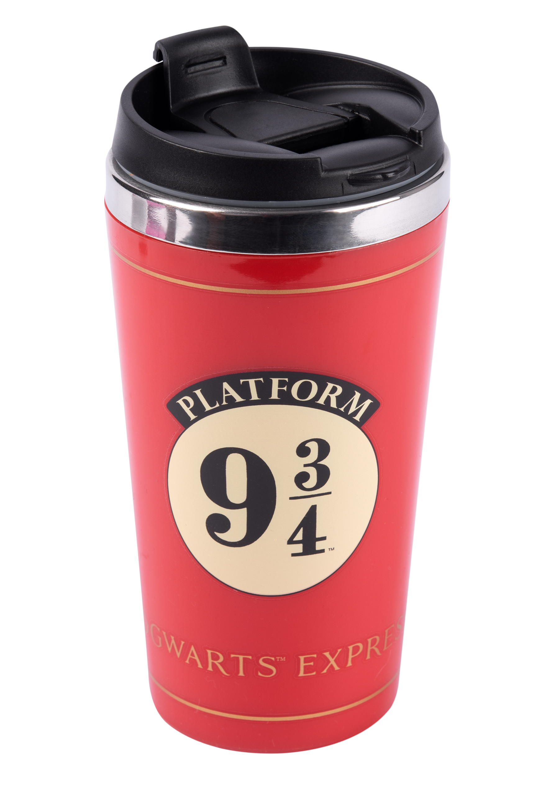 Roter Reisebecher mit Platform 9 3/4 und Hogwarts Express Logo, schwarzer Deckel.
