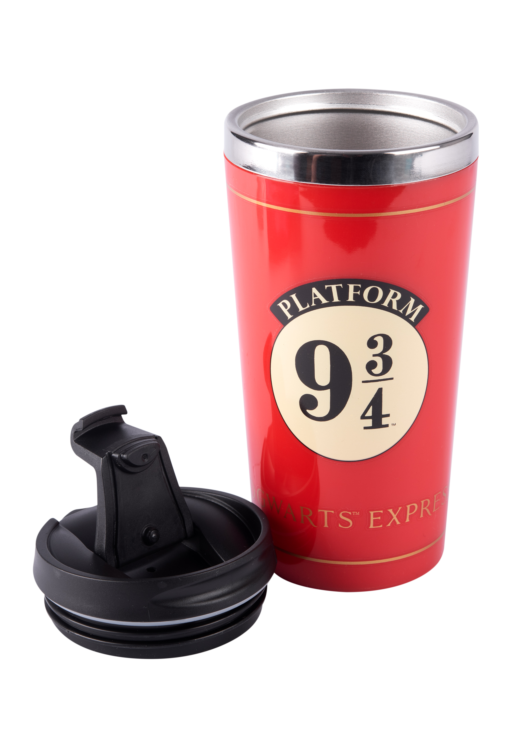 Roter Harry Potter-Reisebecher mit Platform 9 3/4 Logo und schwarzem Deckel.
