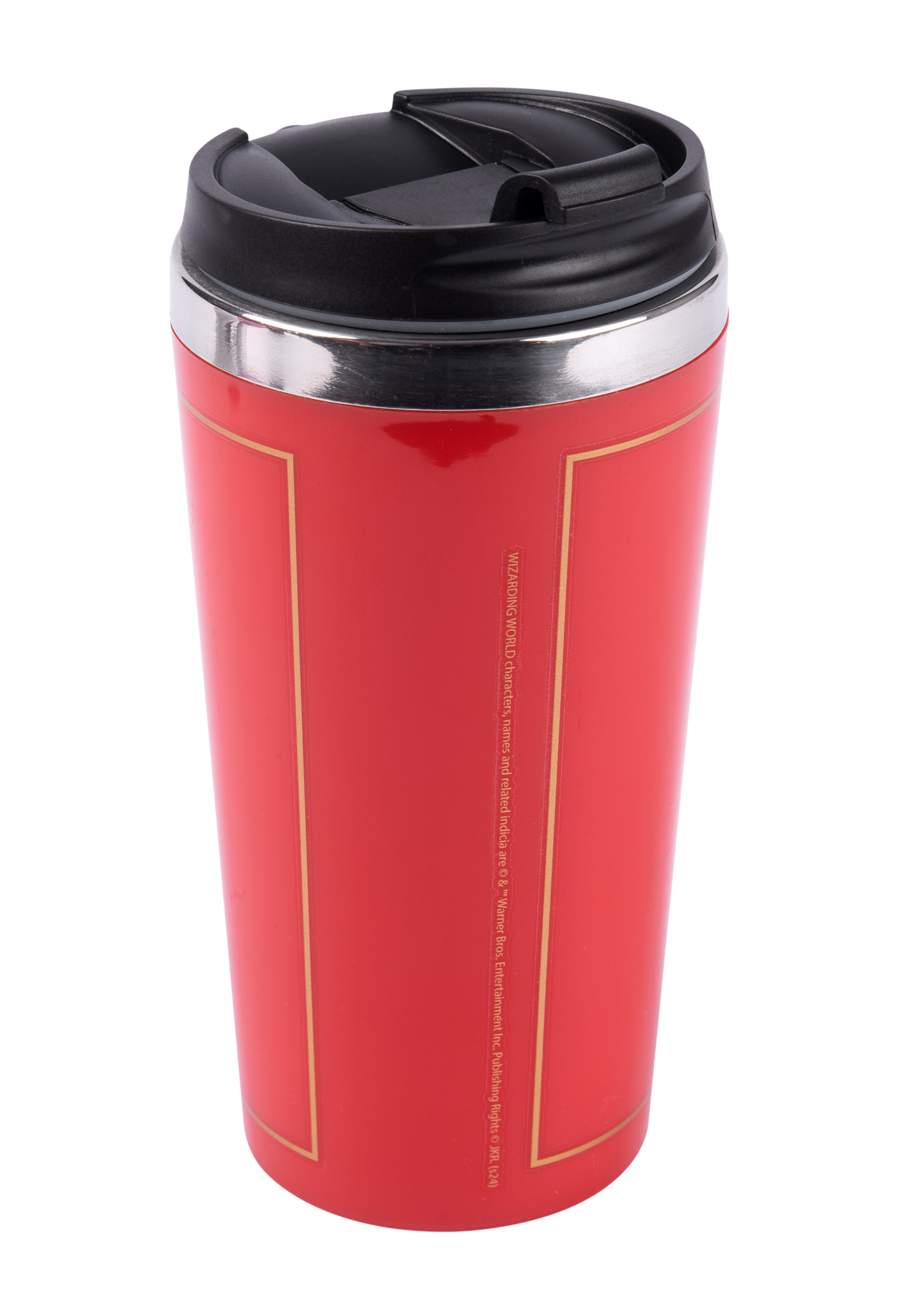 Ein roter Reisebecher mit schwarzem Deckel. Goldbesatz. Weißer Hintergrund.