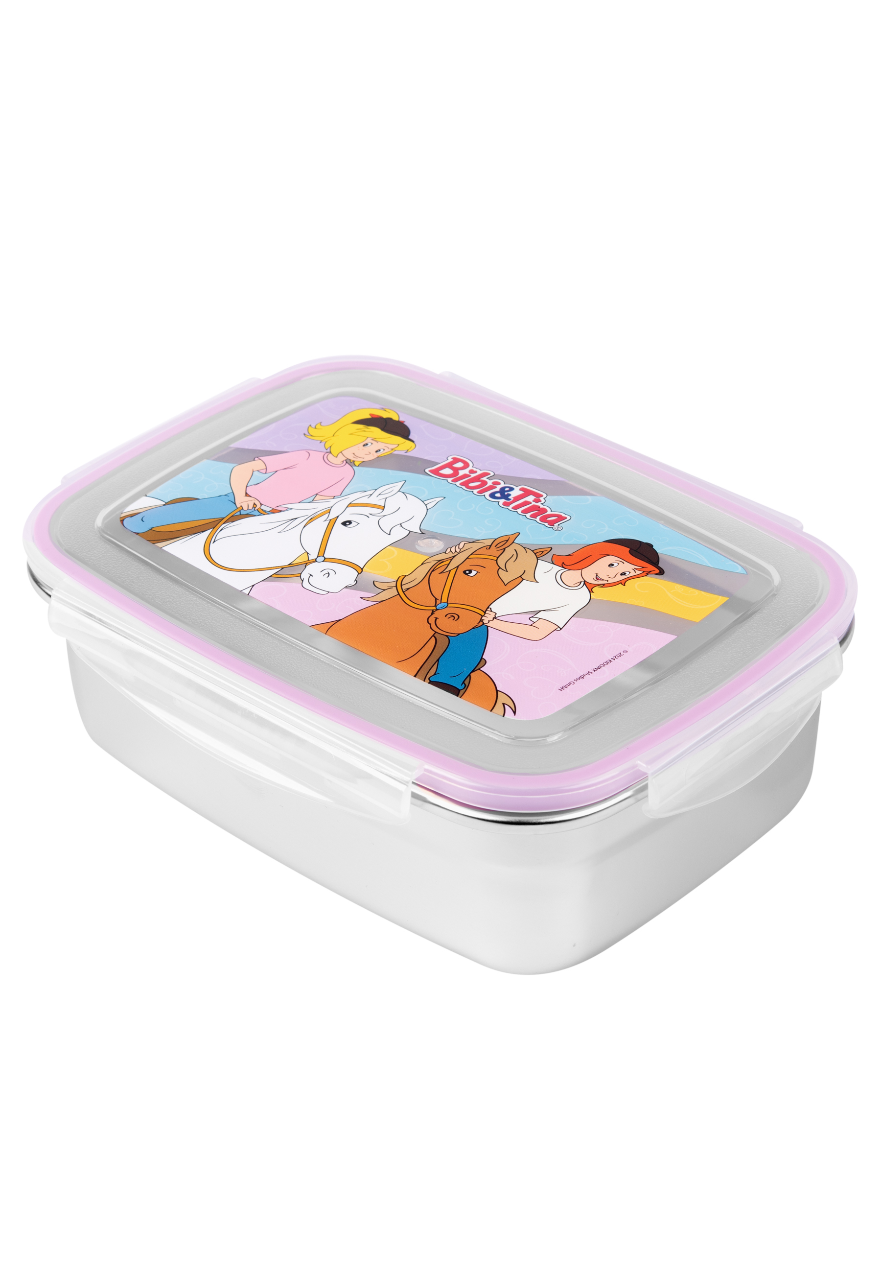Eine Edelstahl-Lunchbox mit Deckel, der ein Bibi & Tina-Cartoonbild zeigt.