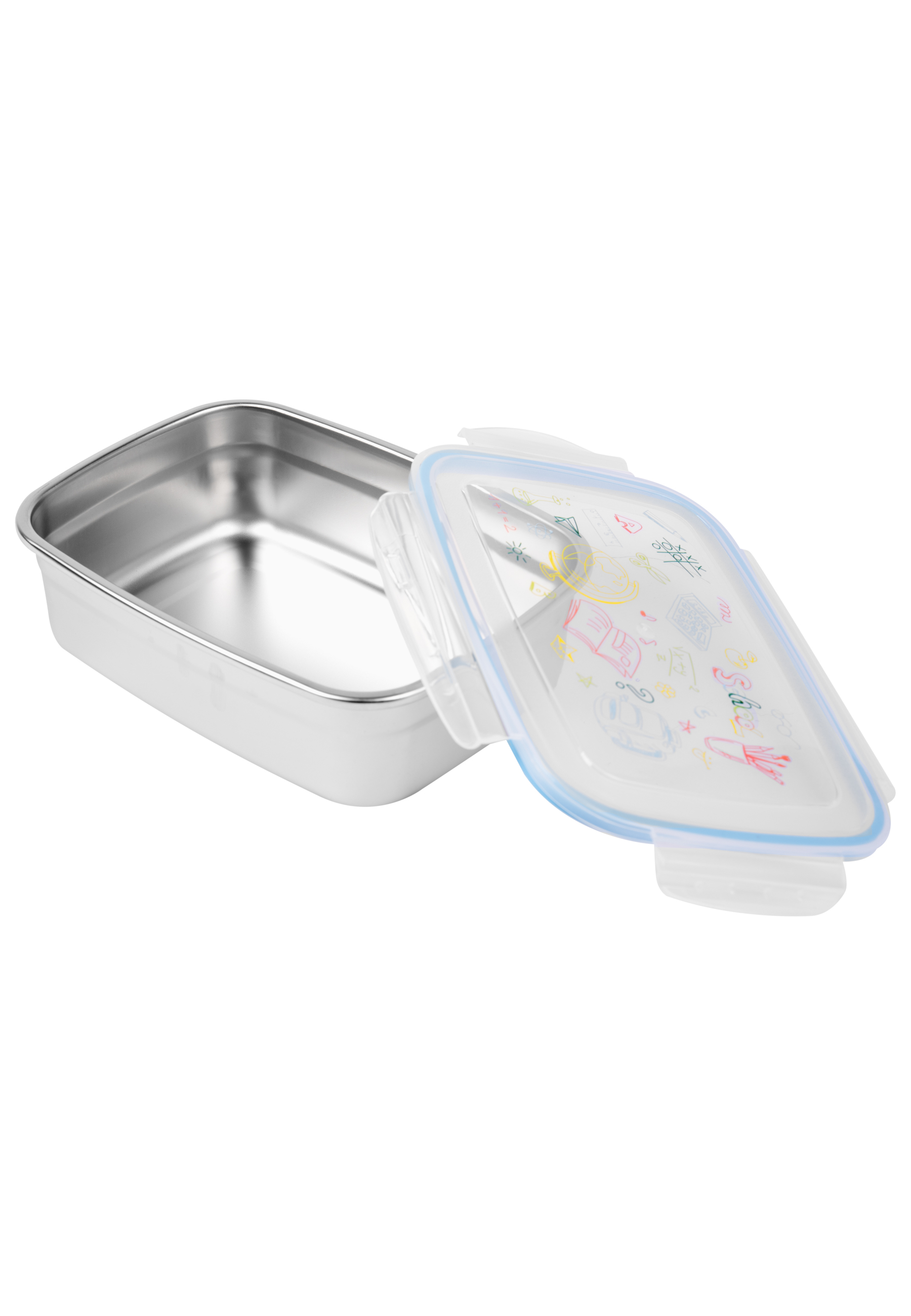Eine Edelstahl-Lunchbox mit einem durchsichtigen Deckel. Der Deckel ist geöffnet.