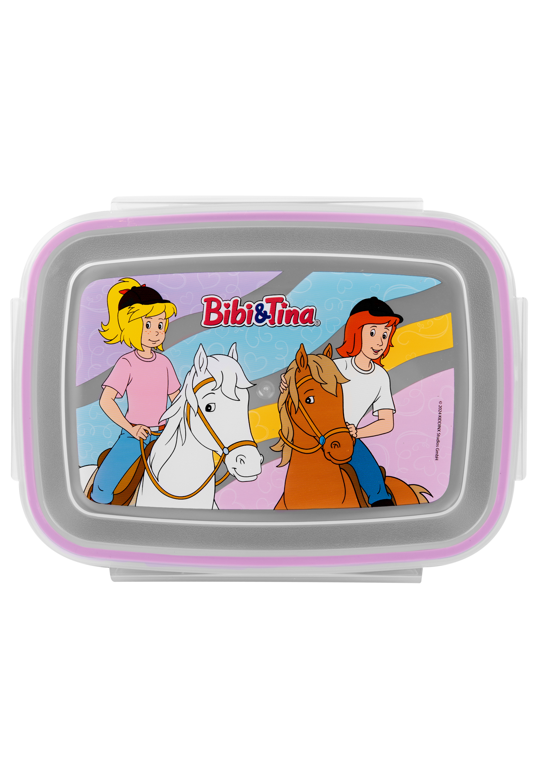 Eine Brotdose mit Bildern von zwei Mädchen, die Pferde reiten, mit dem Schriftzug "Bibi & Tina".
