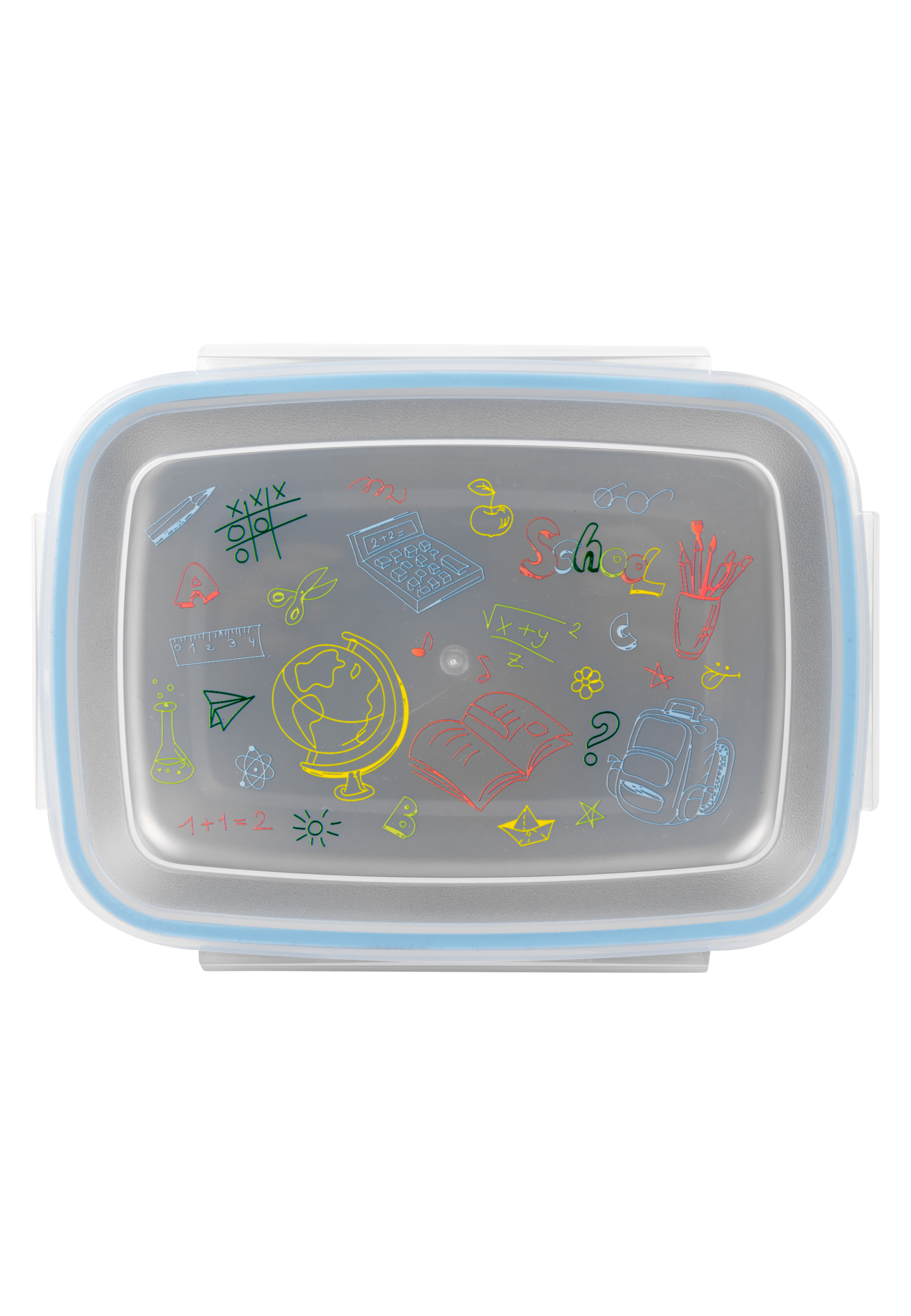 Eine transparente, plastik Lunchbox mit farbenfrohen Zeichnungen zum Thema Schule auf dem Deckel.