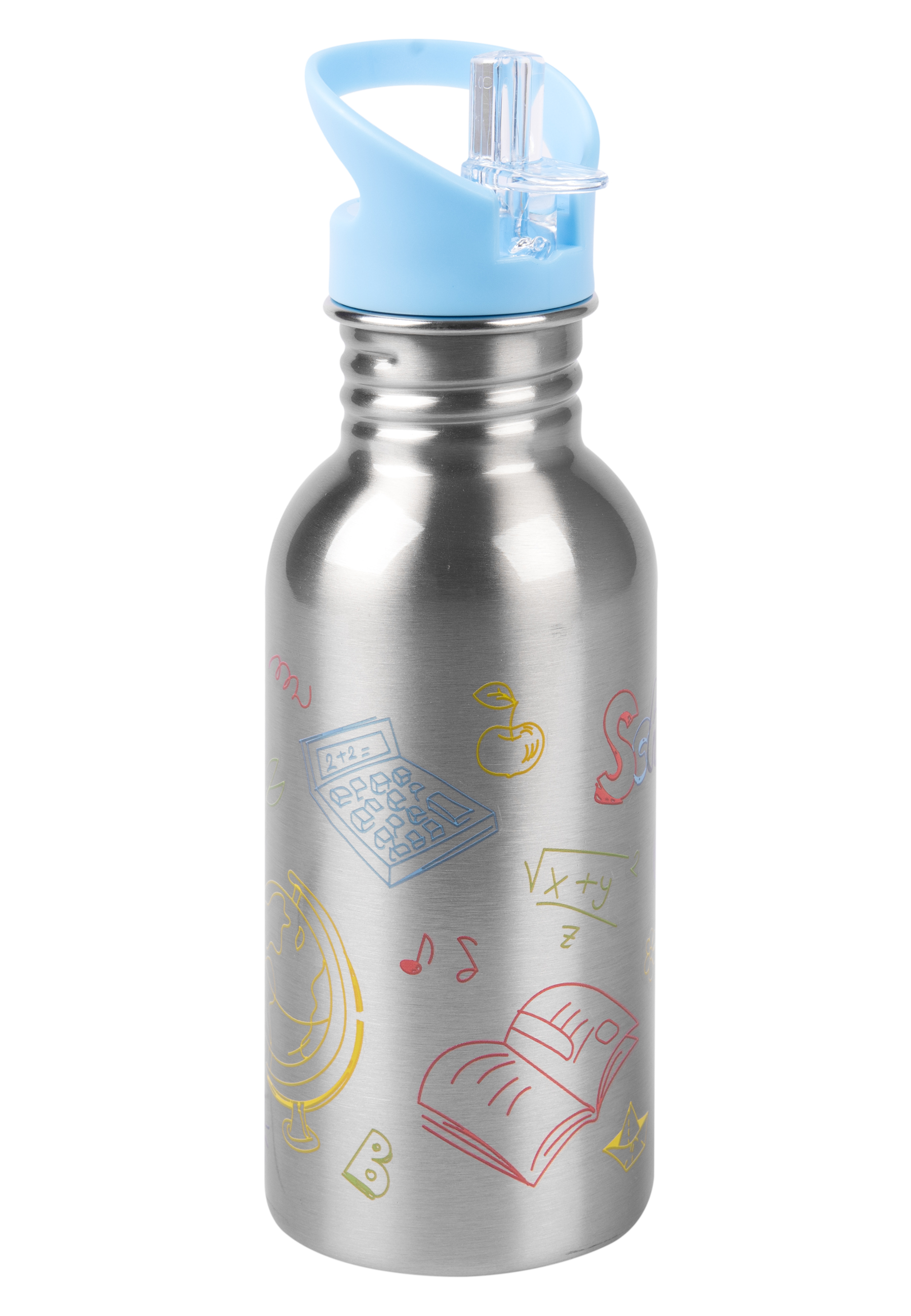 Edelstahl-Wasserflasche mit blauem Deckel. Bunte Zeichnungen von Mathe, Büchern und Globus sind sichtbar.