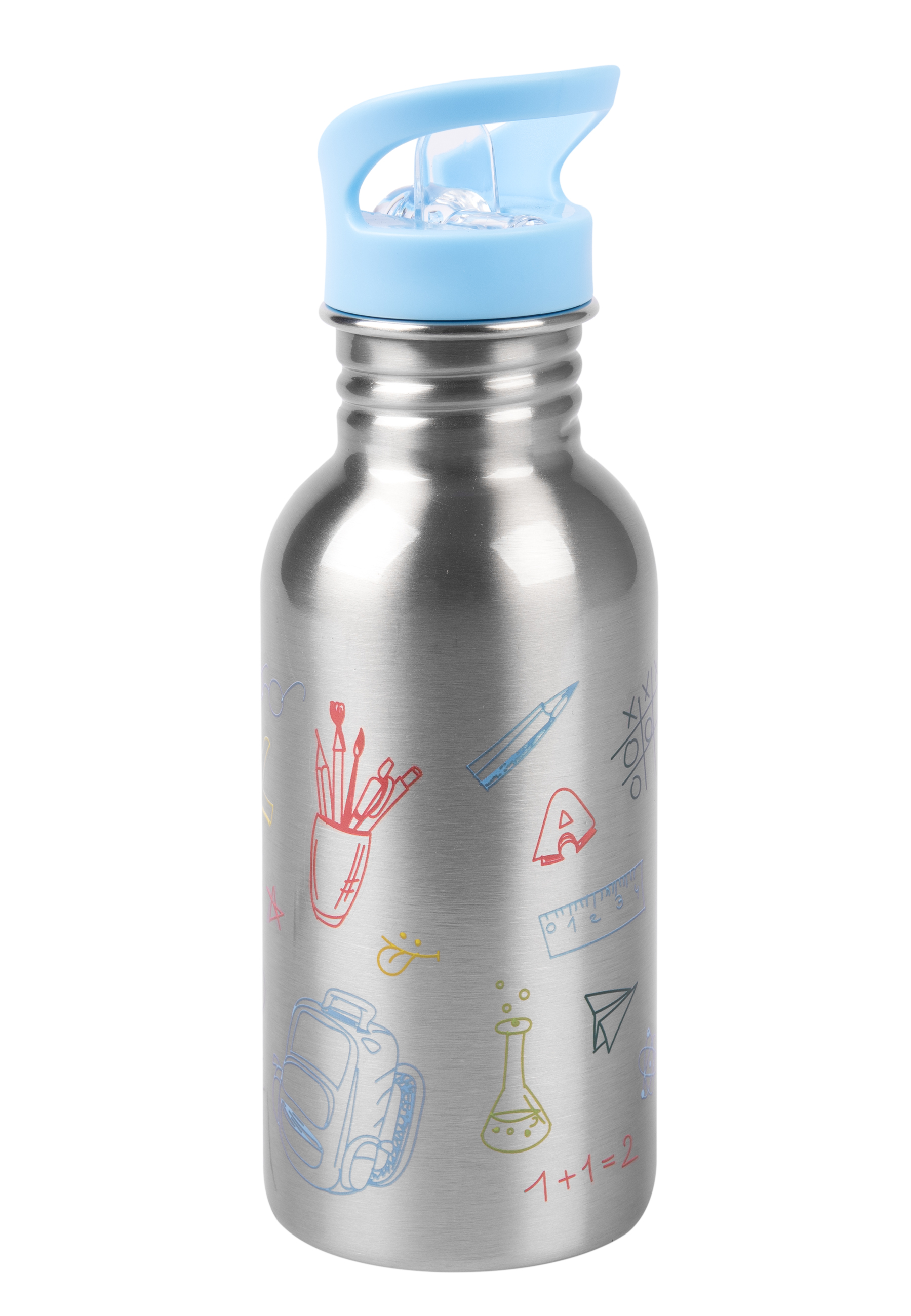 Eine Edelstahl-Wasserflasche mit schulbezogenen Zeichnungen.