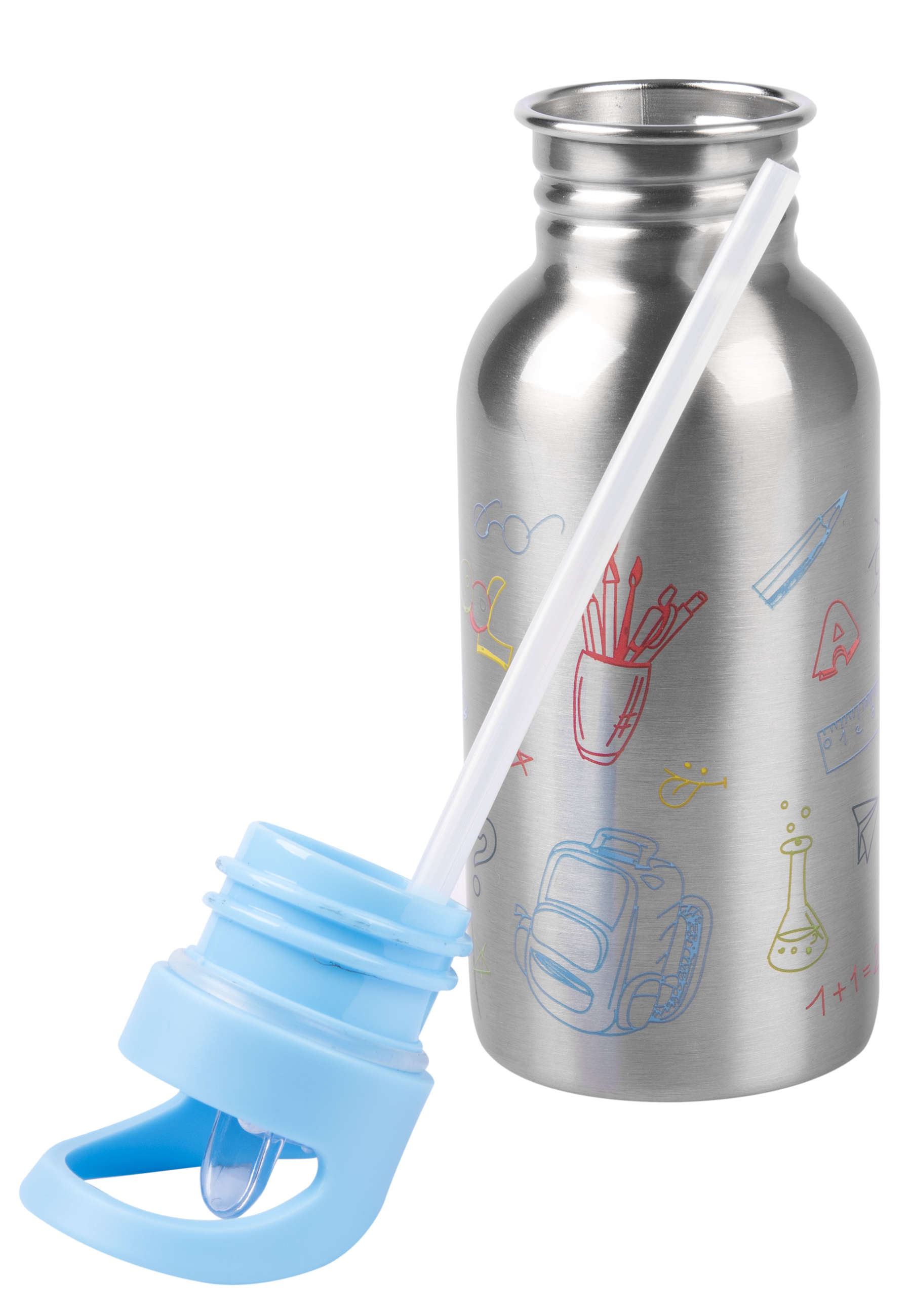 Edelstahl-Wasserflasche mit blauem Deckel und Strohhalm. Illustrationen von Schulmaterialien sind darauf.