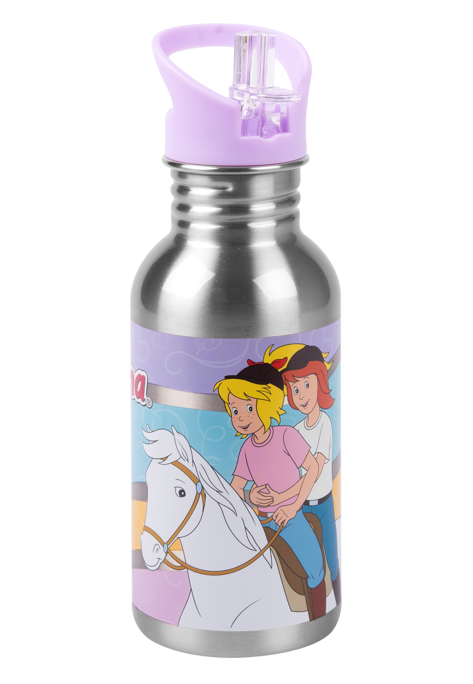 Eine Edelstahl-Wasserflasche mit einem Cartoon-Bild von zwei Personen auf einem Pferd.
