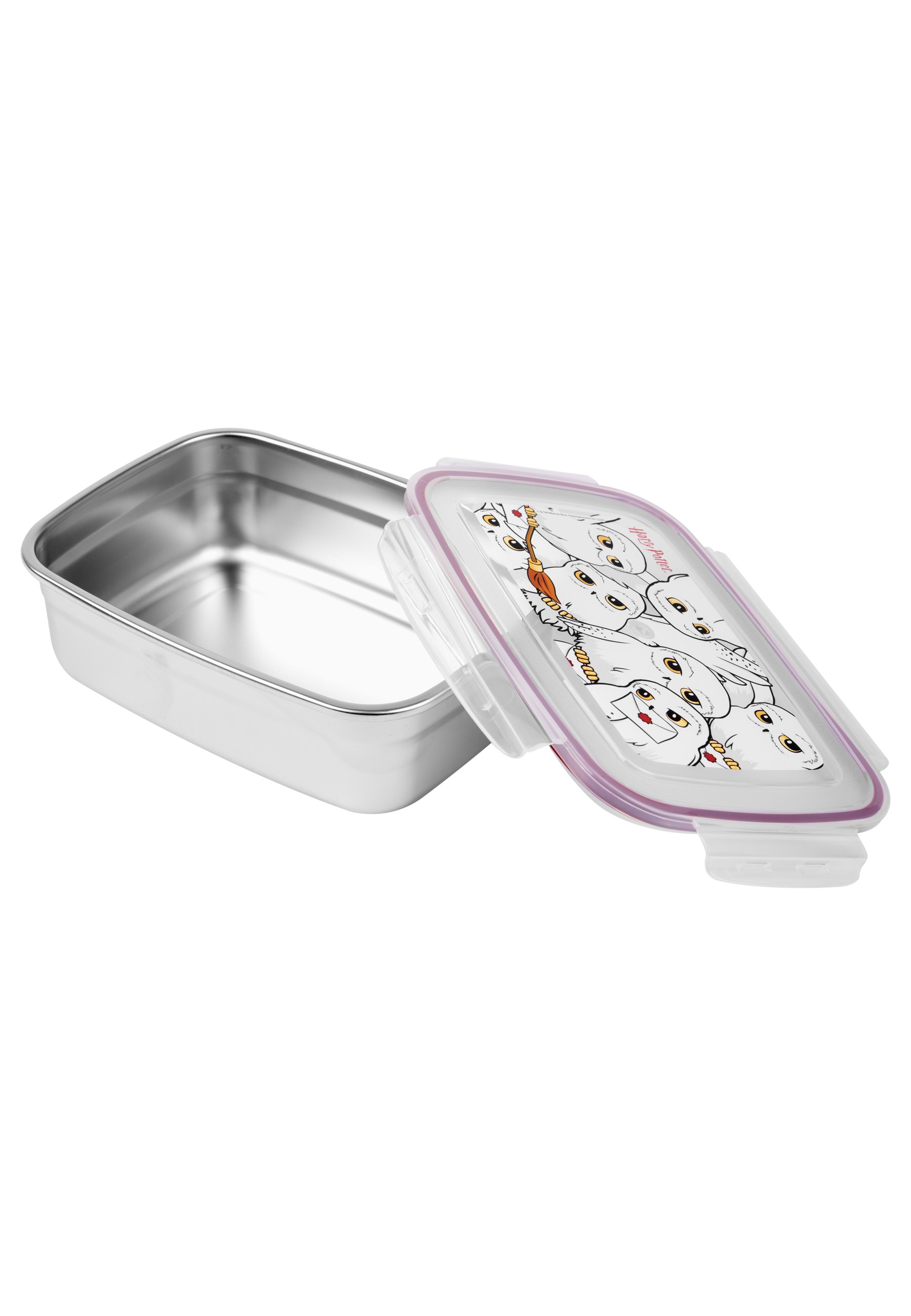 Edelstahl-Lunchbox mit offenem Deckel. Deckel mit Eulen-Cartoon-Design.