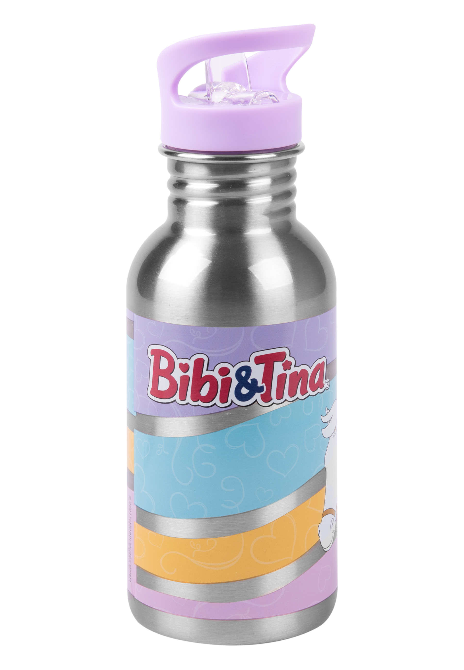 Silberne Wasserflasche mit lila Deckel und den Worten Bibi & Tina.