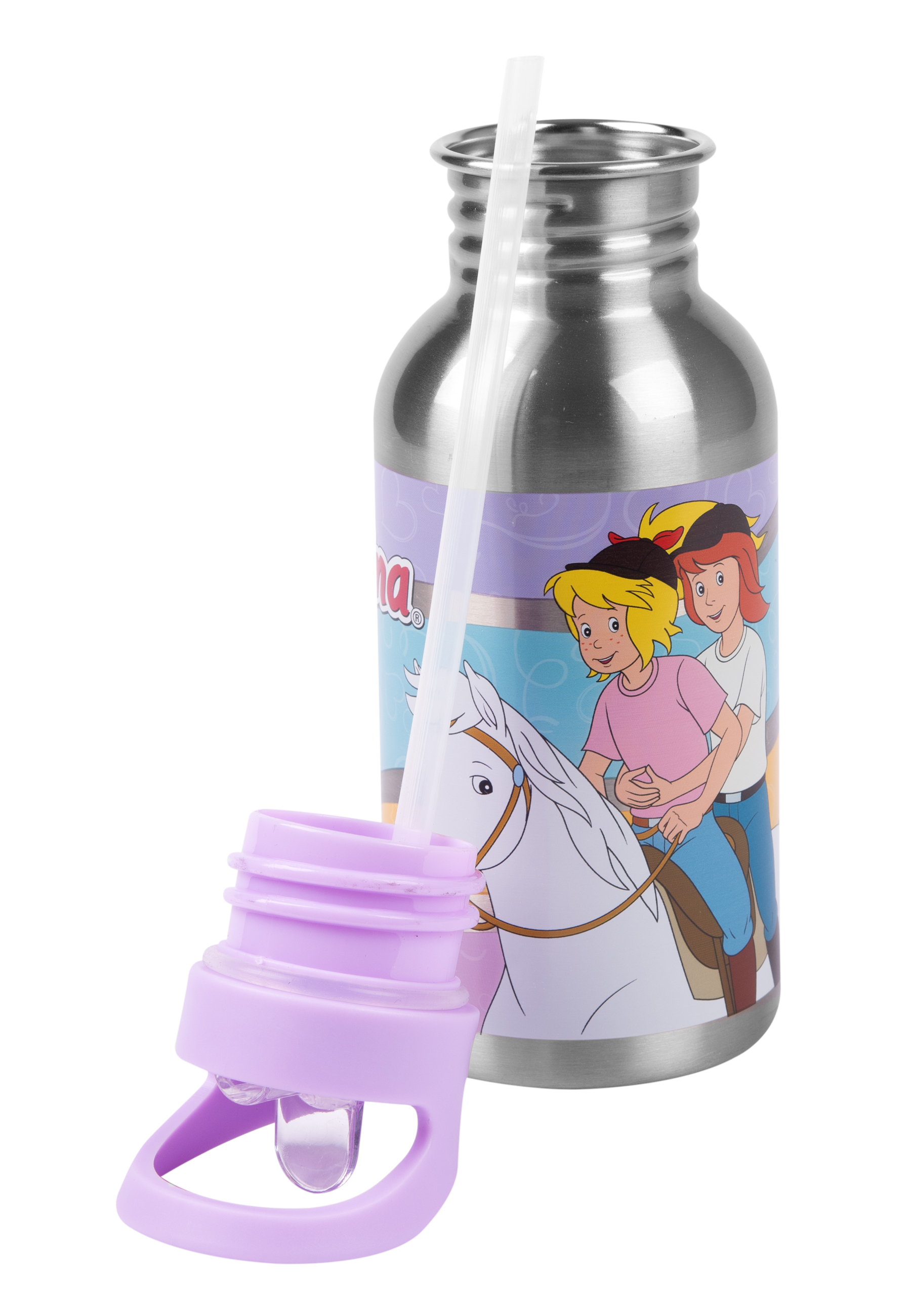Eine Edelstahl-Wasserflasche mit Cartoon-Bild, der Deckel offen mit Strohhalm.