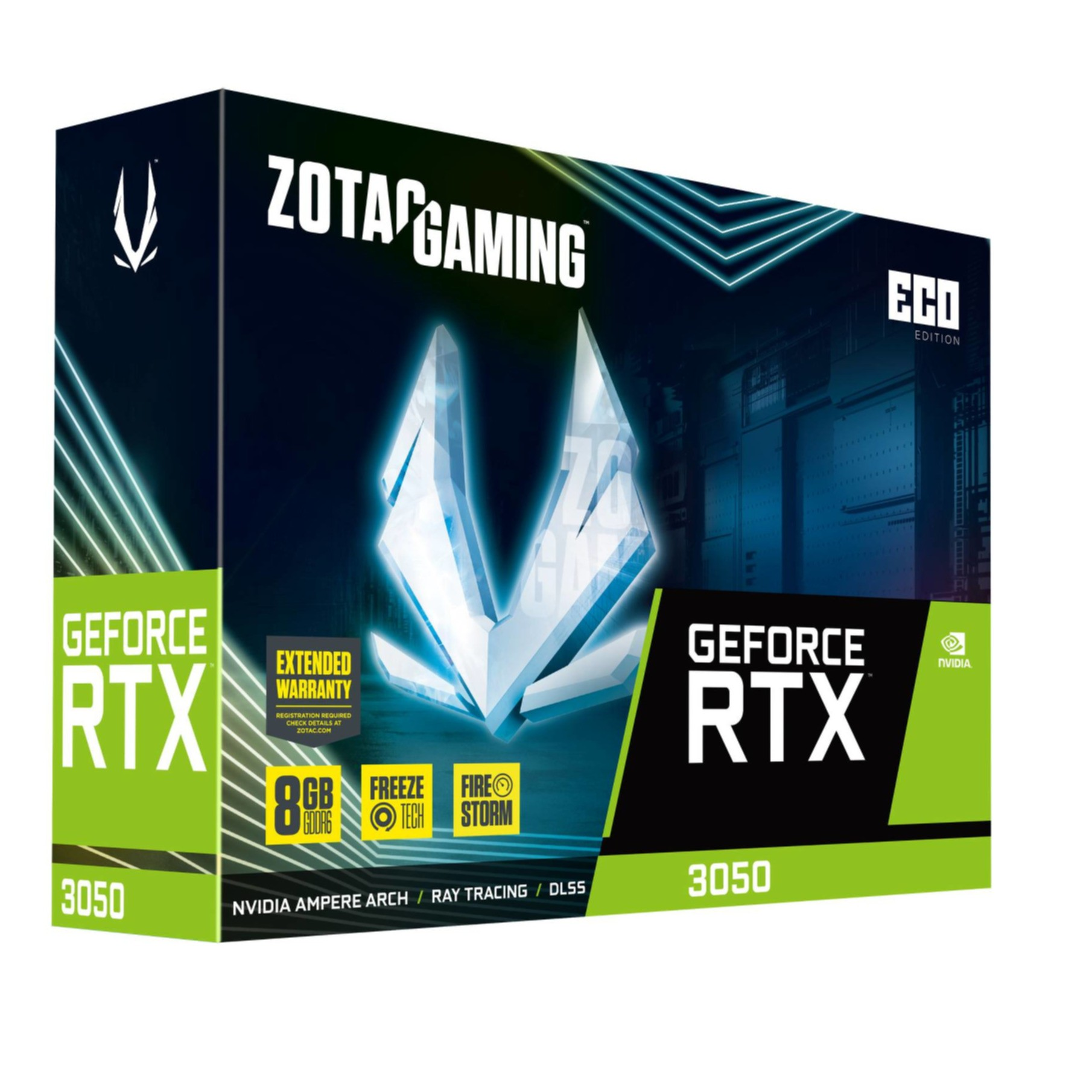 Pudełko karty graficznej ZOTAC GAMING GeForce RTX 3050 z funkcjami i logo NVIDIA.