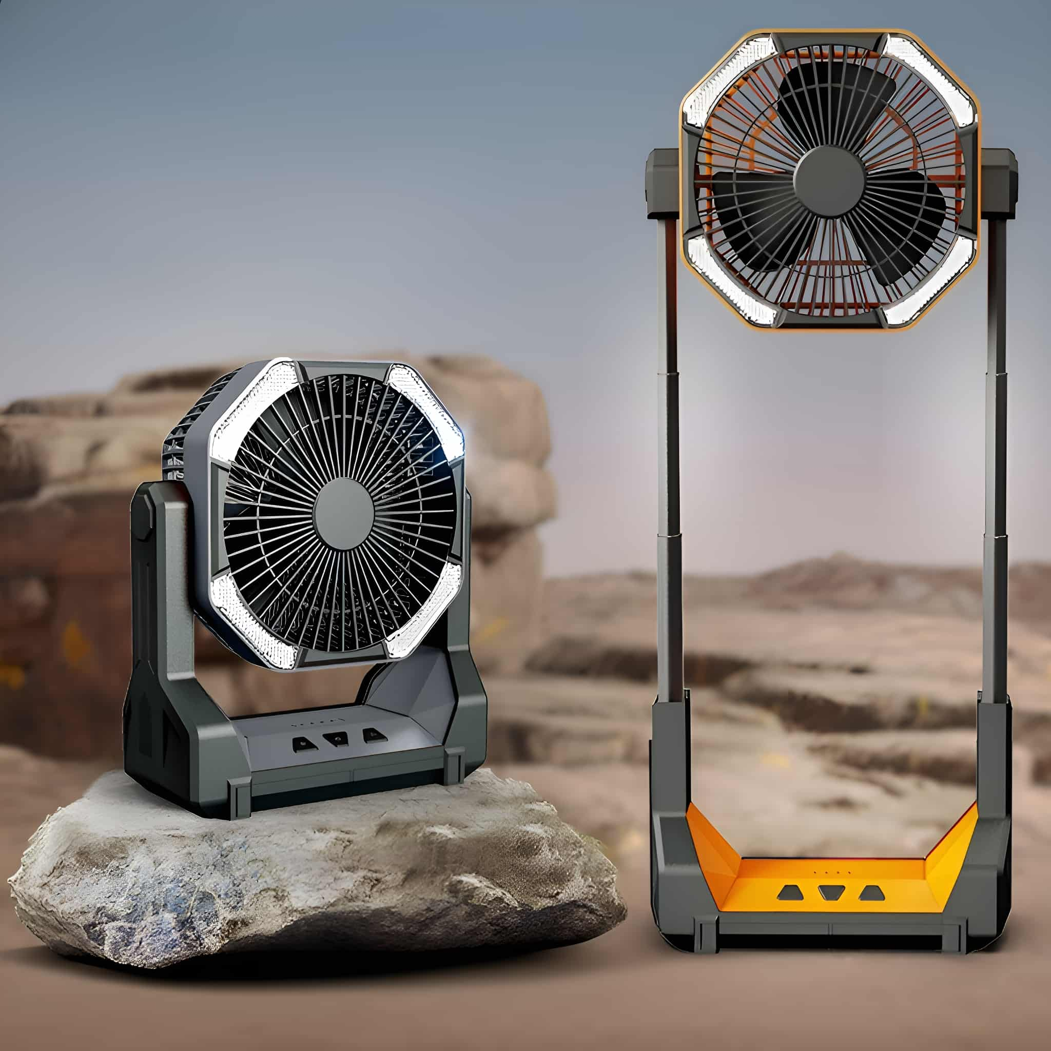 Zwei tragbare Ventilatoren, einer auf einem Felsen, der andere aufrecht stehend, beide mit Lichtern.