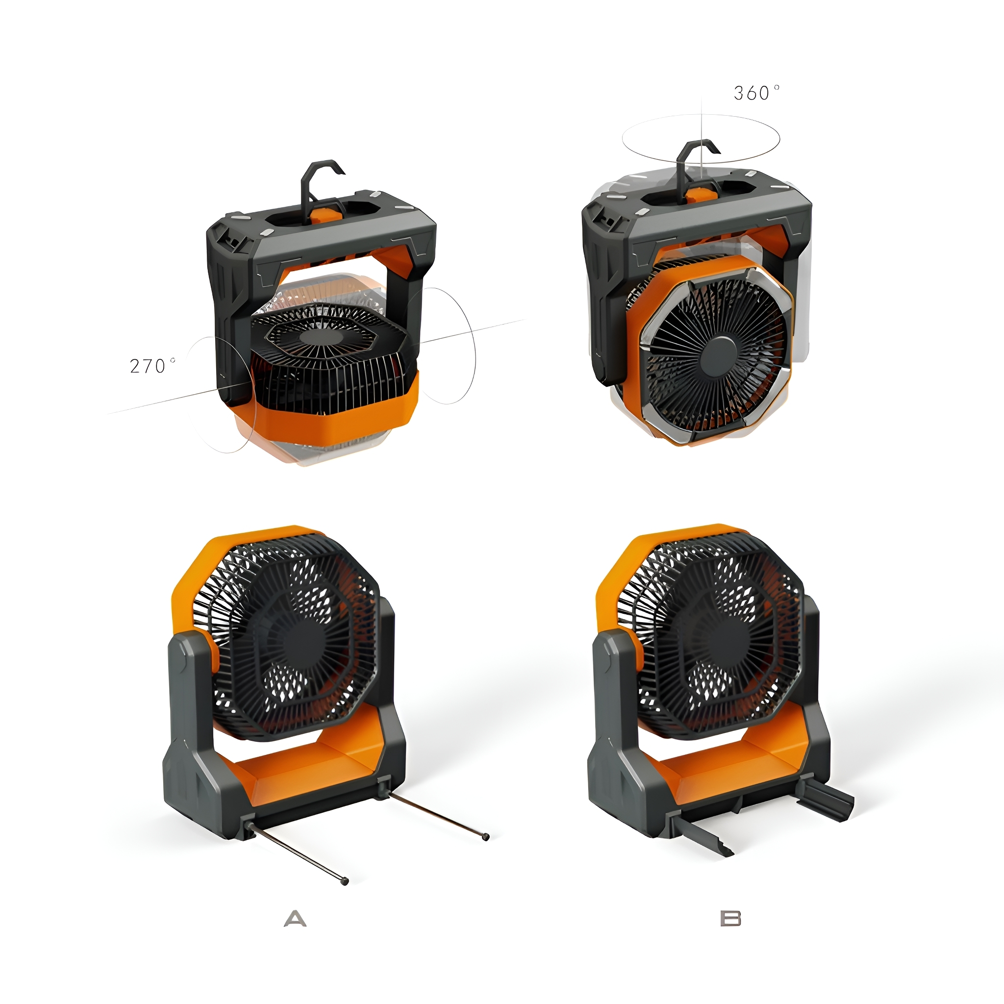 Tragbarer Ventilator mit einstellbaren Positionen. Orange-graues Design. Dreht sich 270 und 360 Grad.