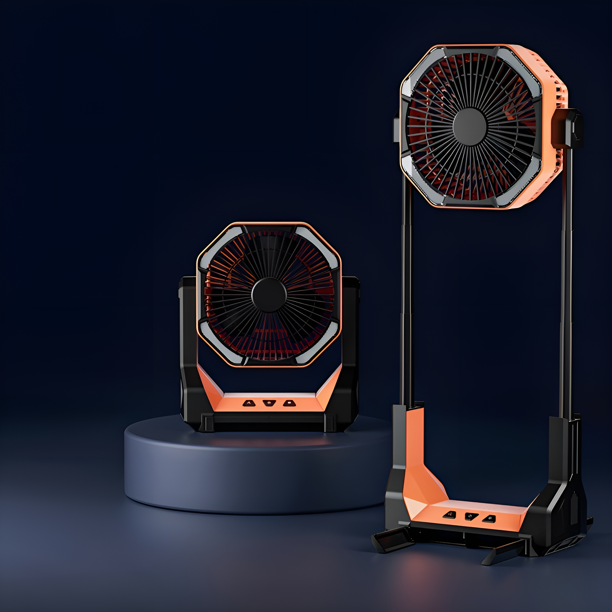 Zwei schwarz-orangefarbene Ventilatoren: einer auf einem Ständer und einer auf einem Sockel.