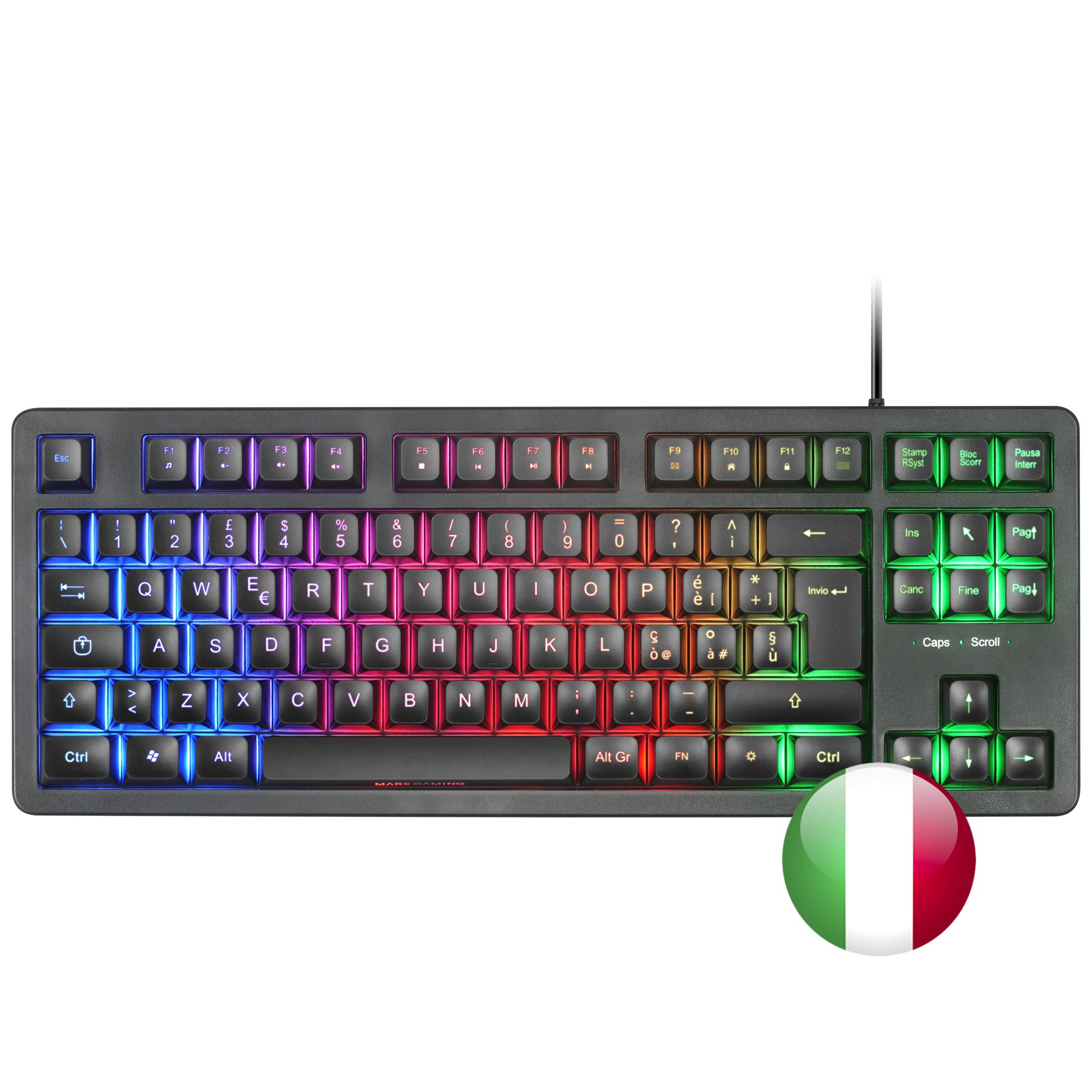 Un teclado negro con teclas multicolores, un cable y un emblema de la bandera italiana.
