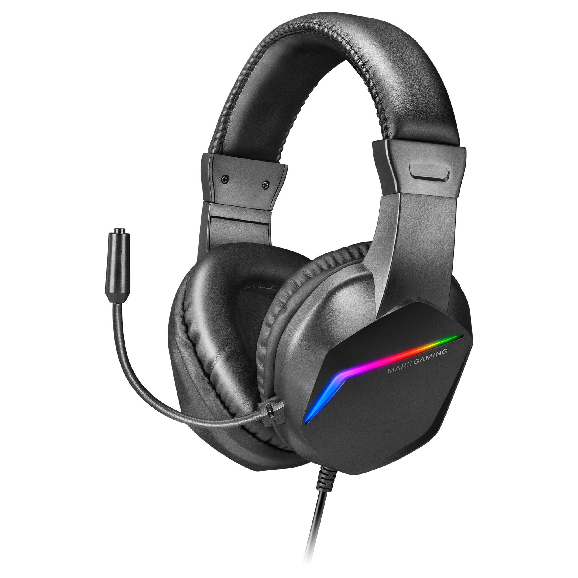 Auriculares gaming negros con micrófono. Tiene luces RGB y las palabras MARS GAMING. El fondo es blanco.