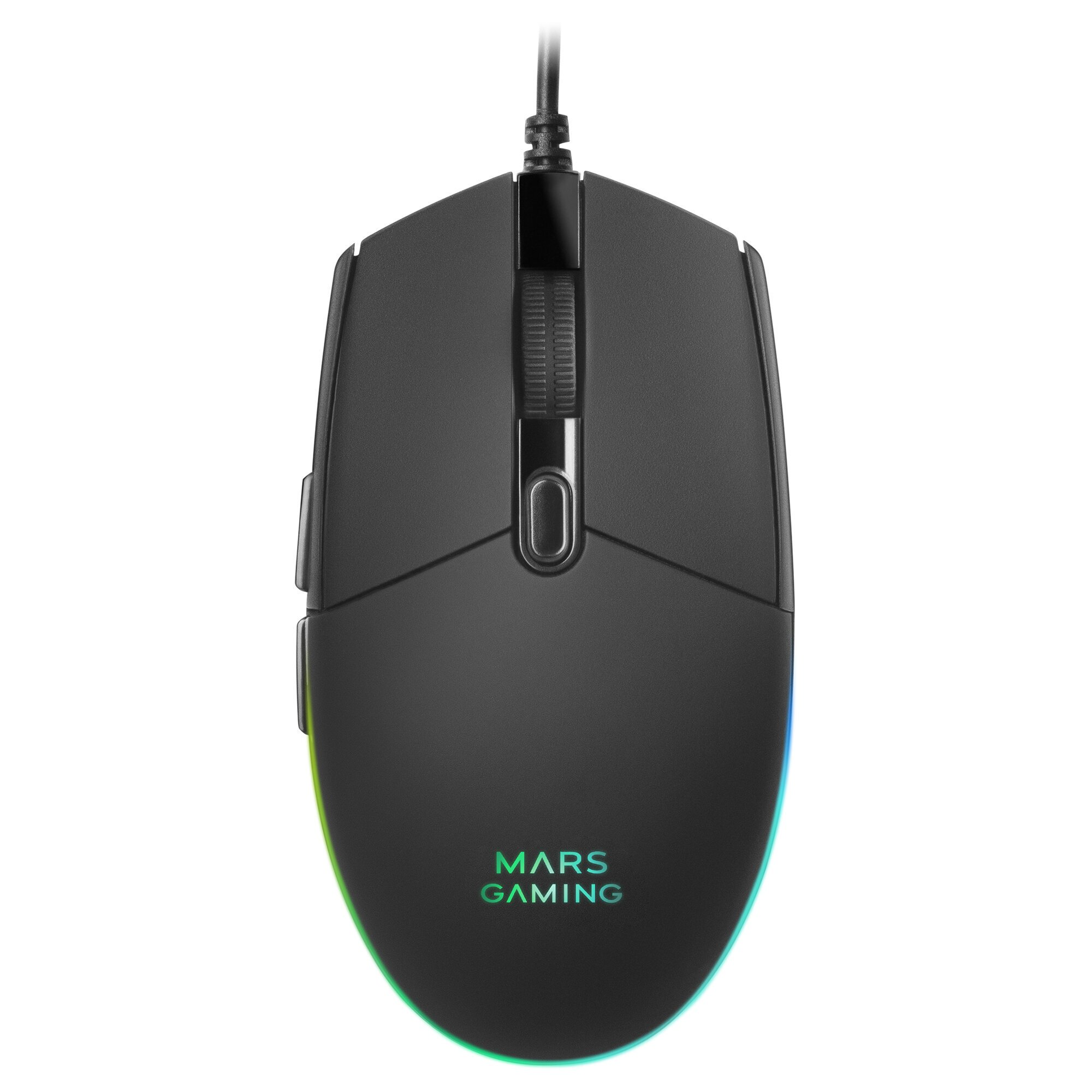Ratón gaming negro con iluminación de borde de colores y logo Mars Gaming. Rueda de desplazamiento, botones y cable visibles.