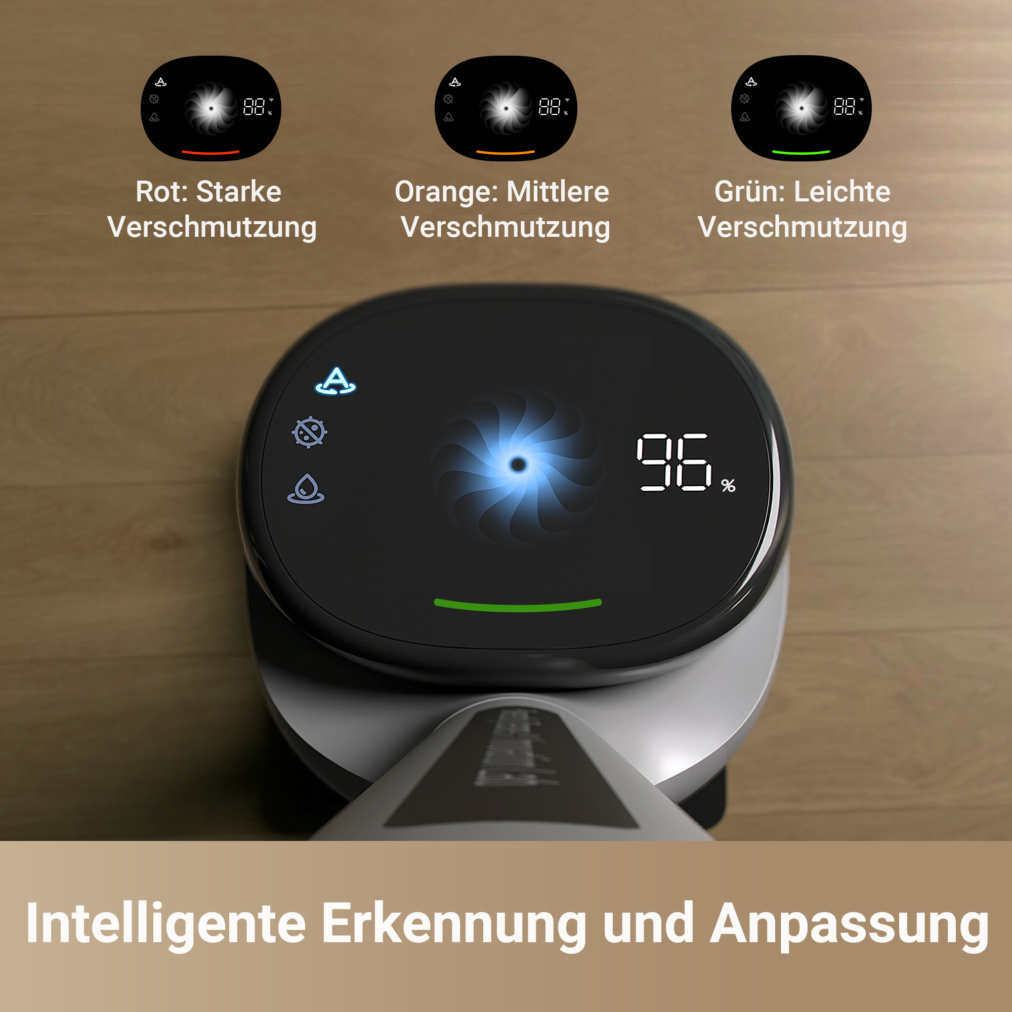 Ein Display zeigt Messwerte an. Es hat drei Farbcodes und einen Prozentsatz. Der Hintergrund ist aus Holz.