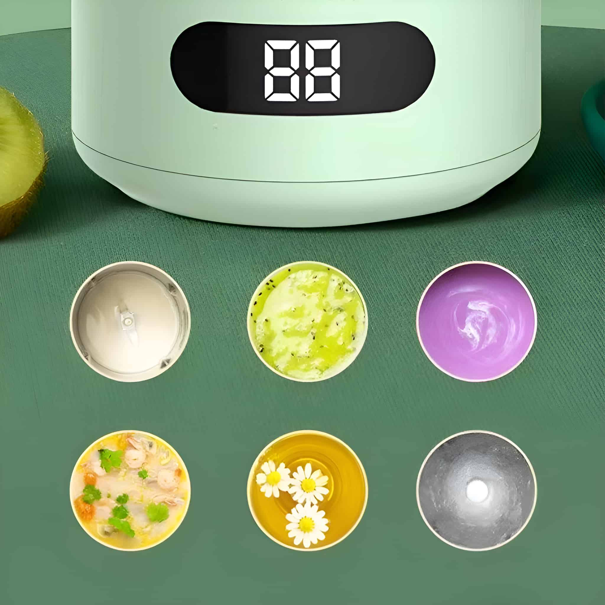 Nahaufnahme eines Lebensmittelverarbeiters mit verschiedenen kleinen Schalen mit Essen, Kiwi und Display.