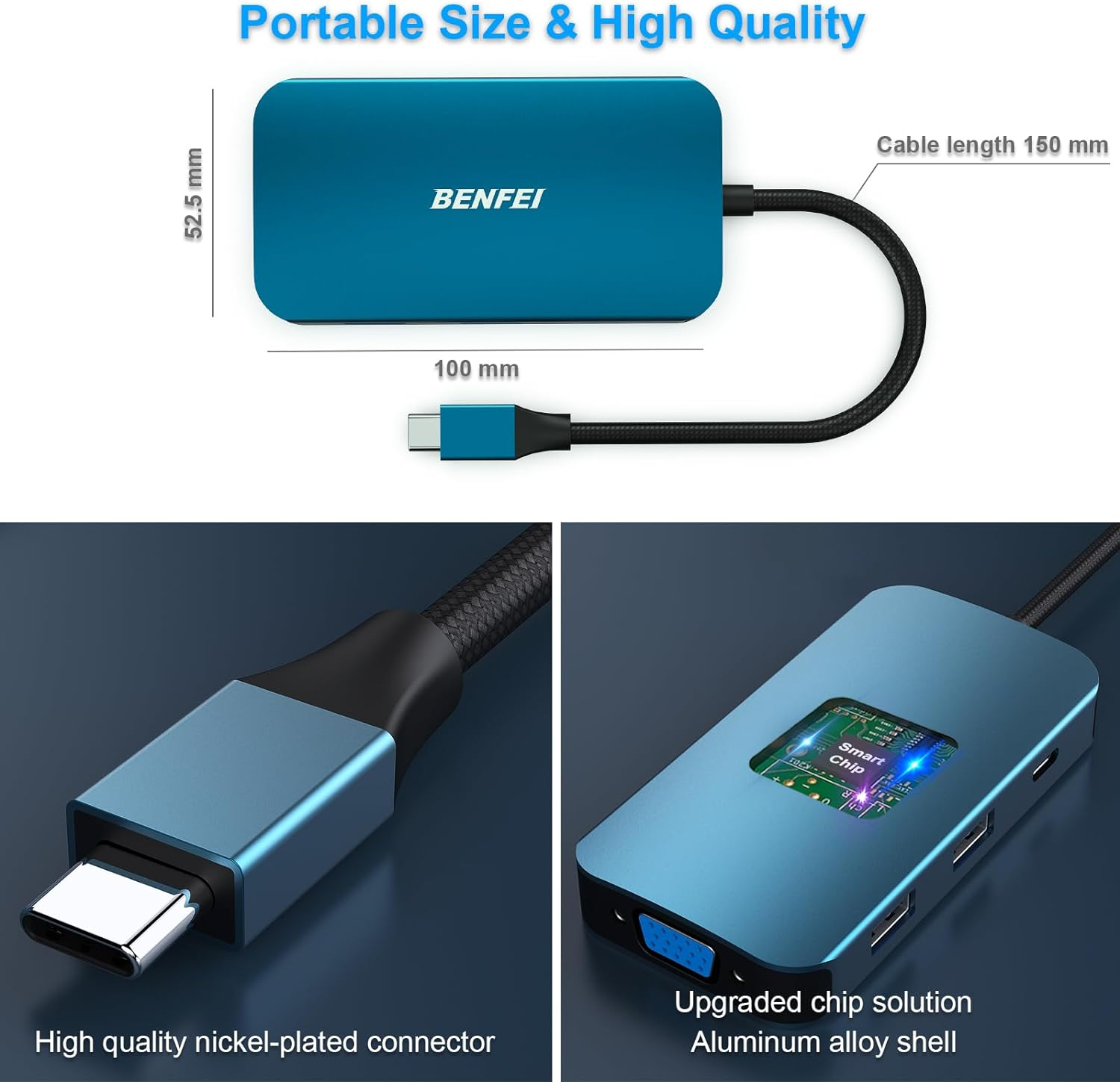 Blauer USB-C-Hub mit schwarzem Kabel, zeigt einen Stecker. Text: Tragbare Größe & hohe Qualität.