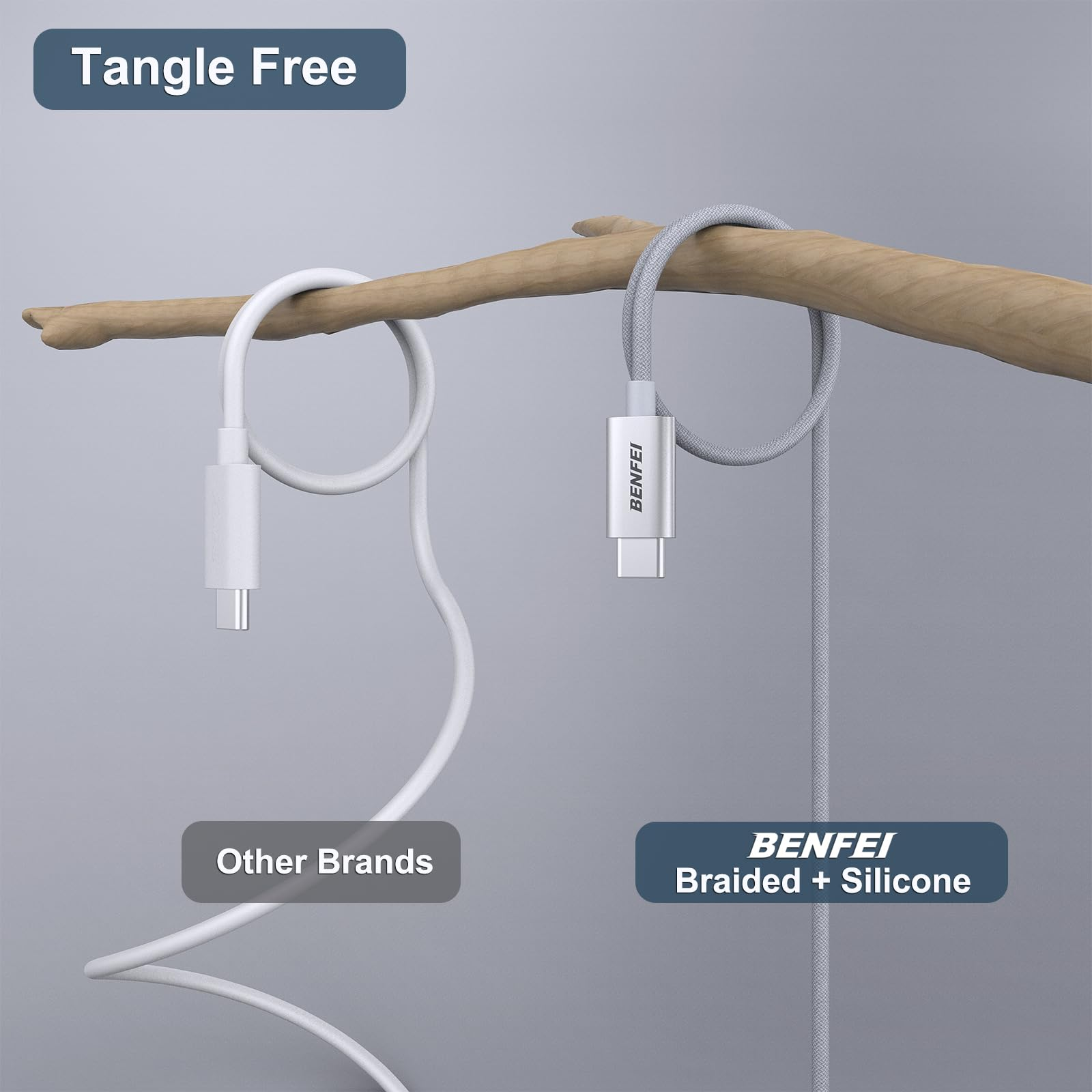 Zwei Ladekabel. Eines weiß, eines grau, an einem Ast befestigt. Text: Tangle Free. Benfei Geflochten + Silikon