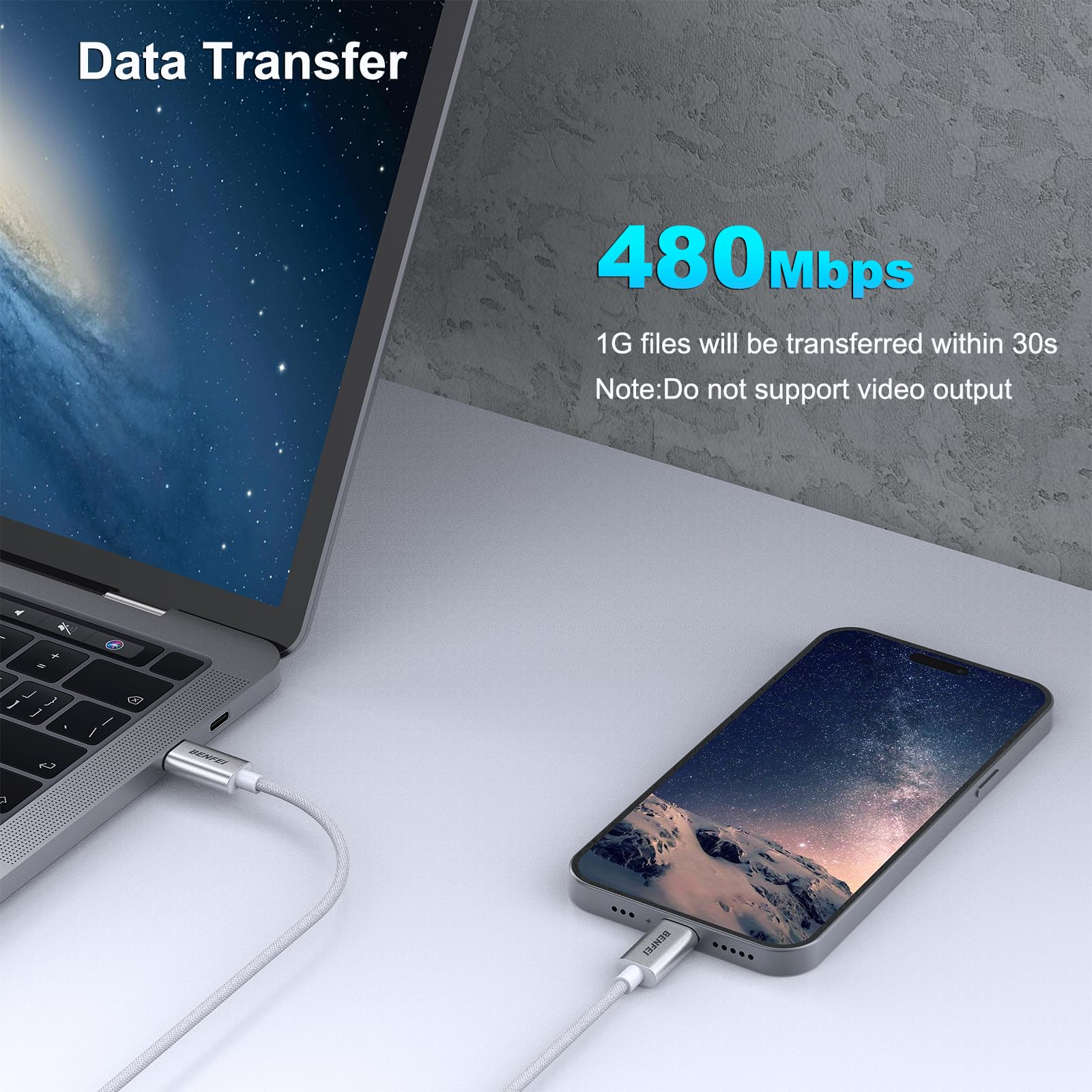 Laptop ist mit einem Kabel mit einem Telefon verbunden, Text über Datenübertragung und Geschwindigkeit.