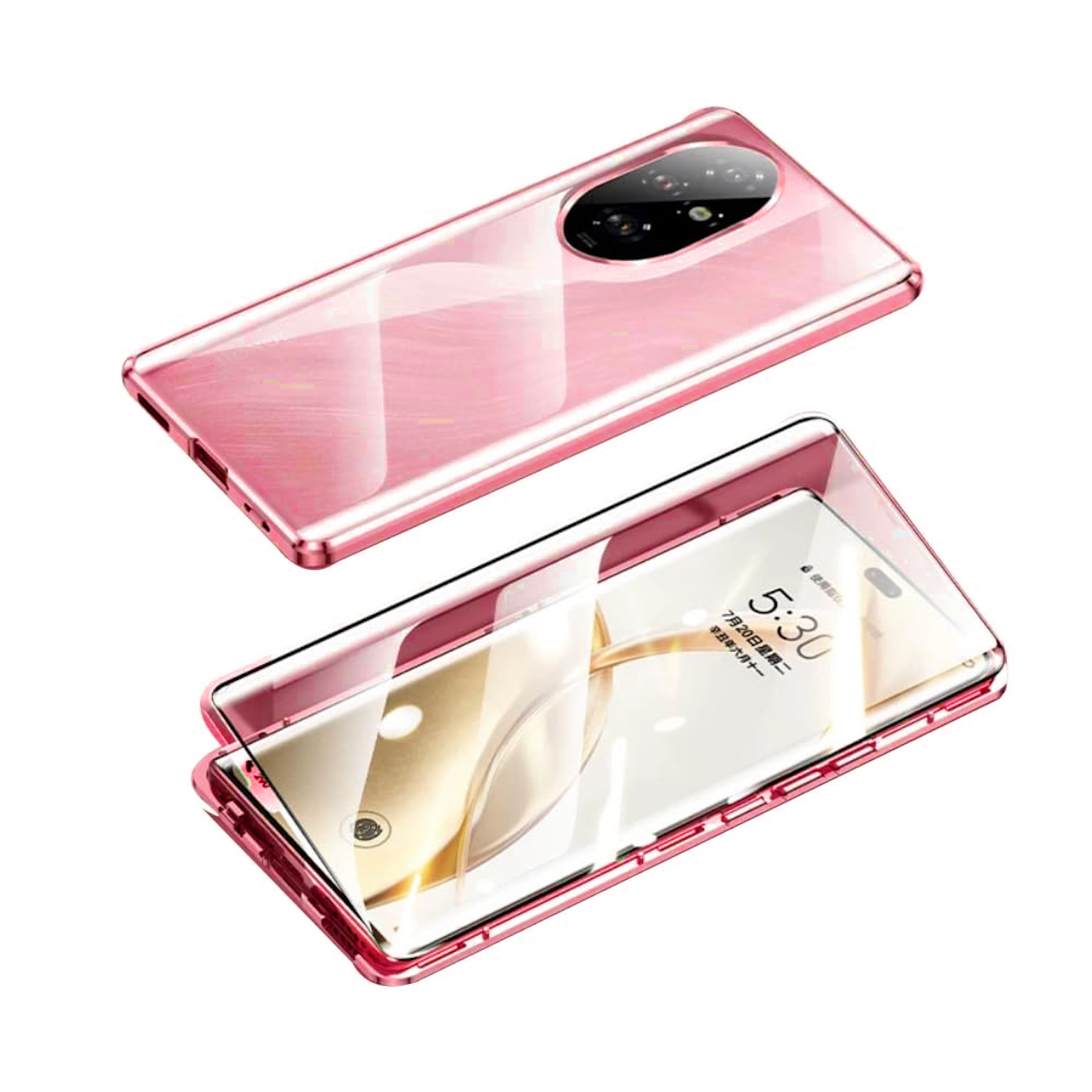 Rosa Telefon mit Displayschutz. Es hat eine Glasrückseite. Ein Telefon ist geöffnet.