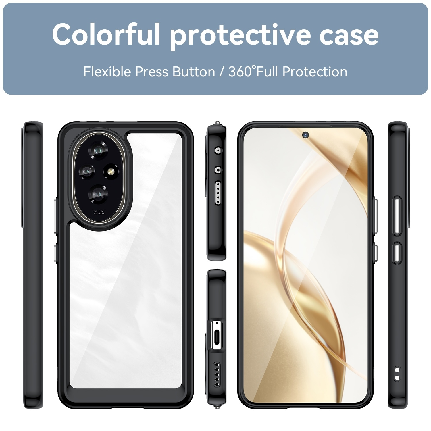 Funda de teléfono con teléfono dentro. Parte trasera transparente, marco negro. Múltiples vistas.