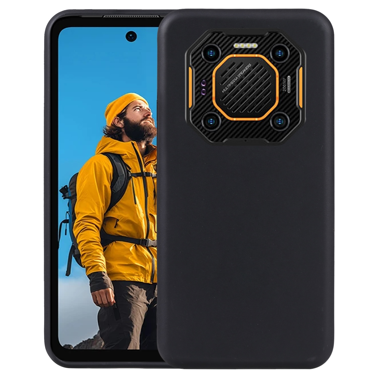 Schwarzes Telefon mit Person auf dem Bildschirm, schwarze Hülle mit Kamera.