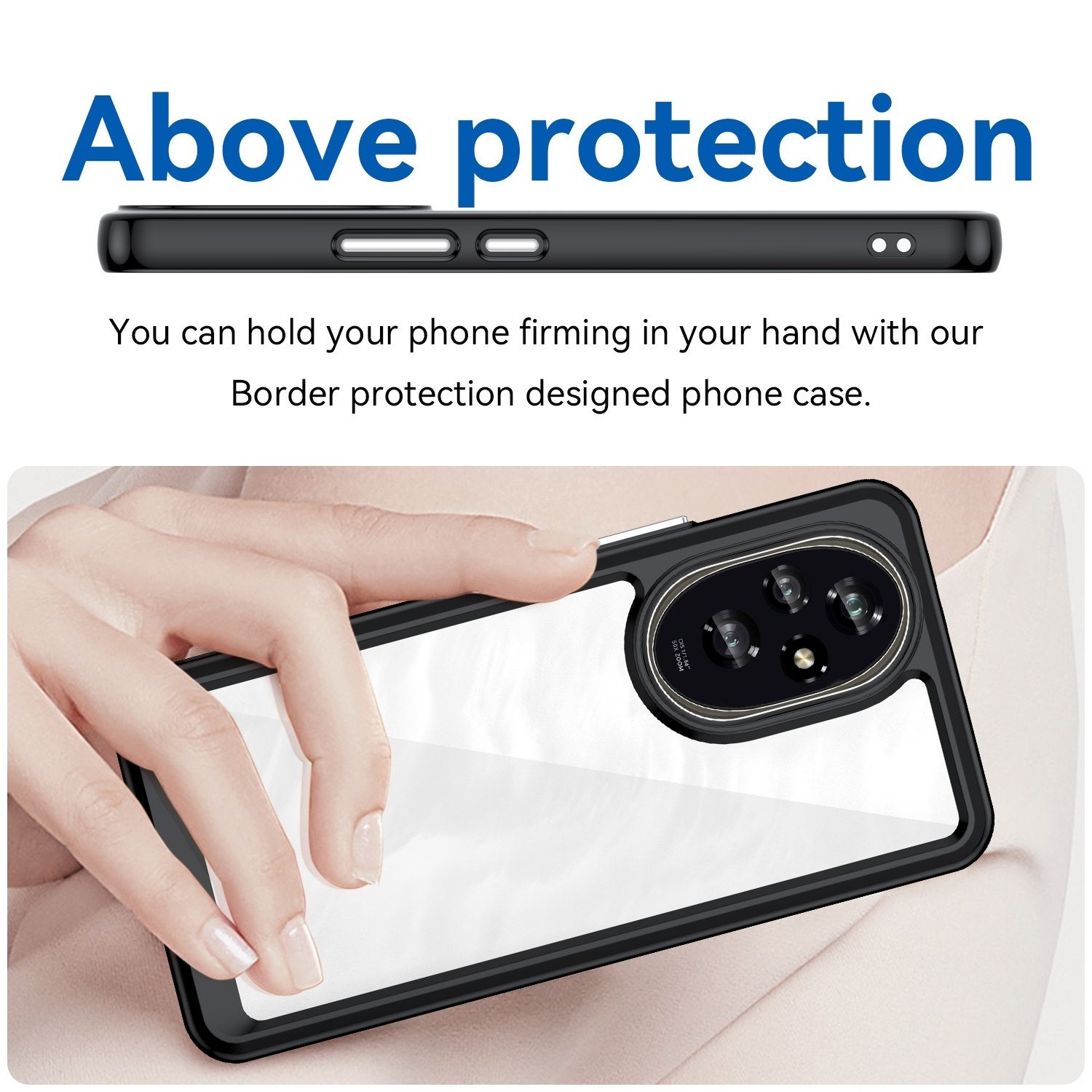 Una persona sosteniendo un teléfono dentro de una funda negra con respaldo transparente, con texto sobre protección.
