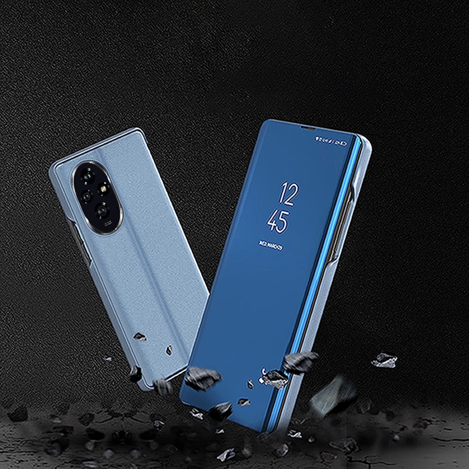Handyhülle mit Telefon. Zwei Hüllen, eine offen, blaue Farbe, und schwarzer Hintergrund.