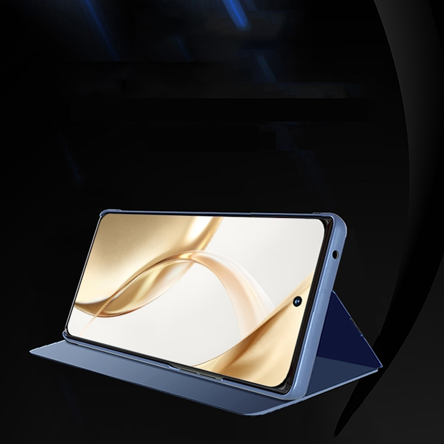 Blaues Tablet in einem blauen Gehäuse. Der Bildschirm zeigt eine goldene Grafik. Schwarzer Hintergrund.