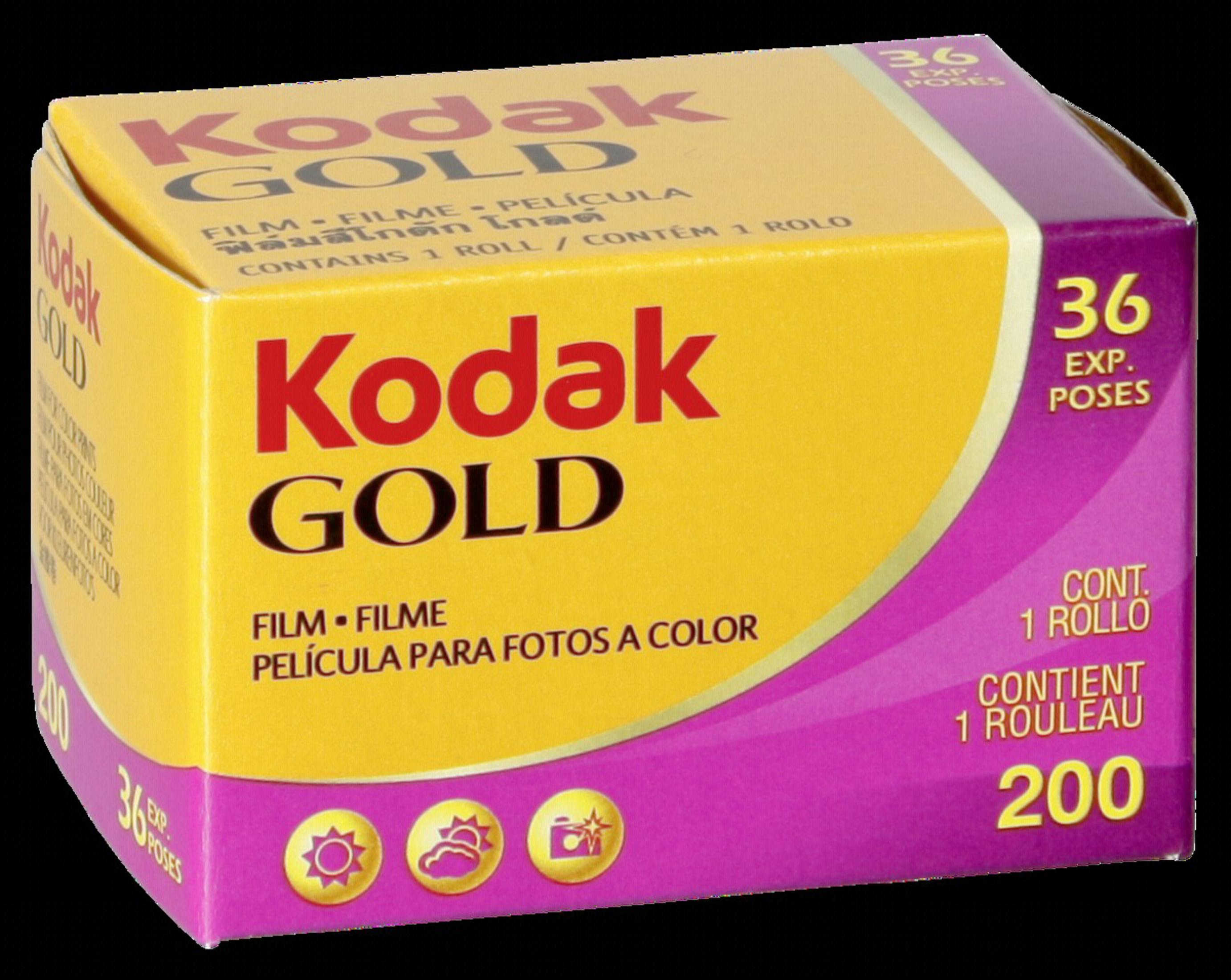 Boîte de film Kodak Gold. Jaune et violet, avec texte et graphique de rouleau de film.