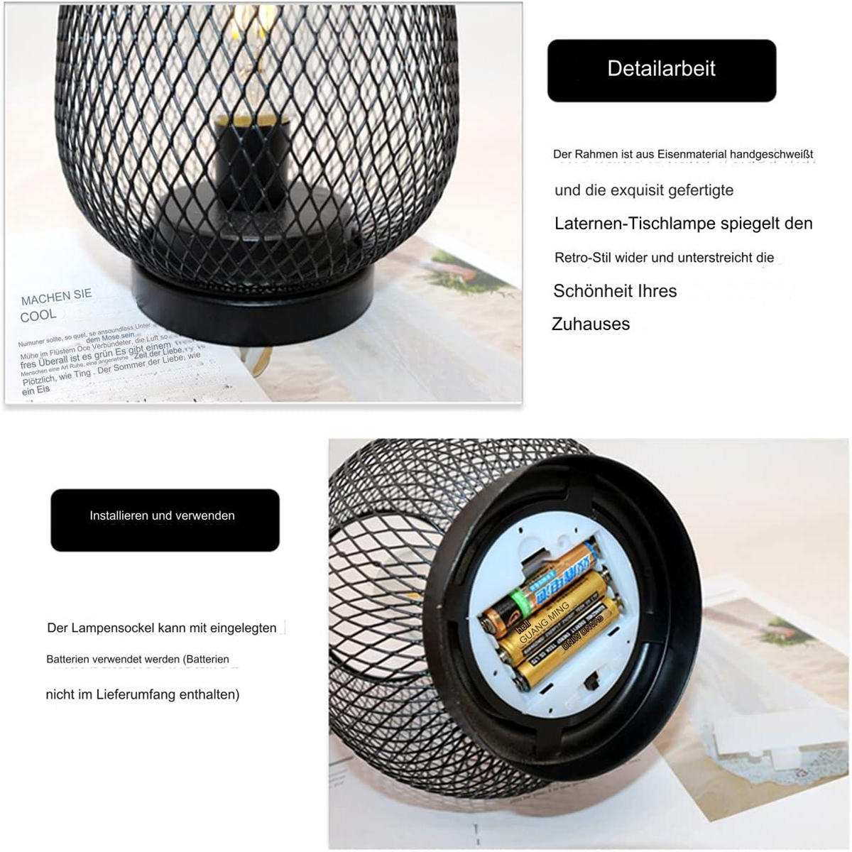 Eine schwarze Metallgitterlampe mit einer Glühbirne darin. Es zeigt die Details der Lampe.