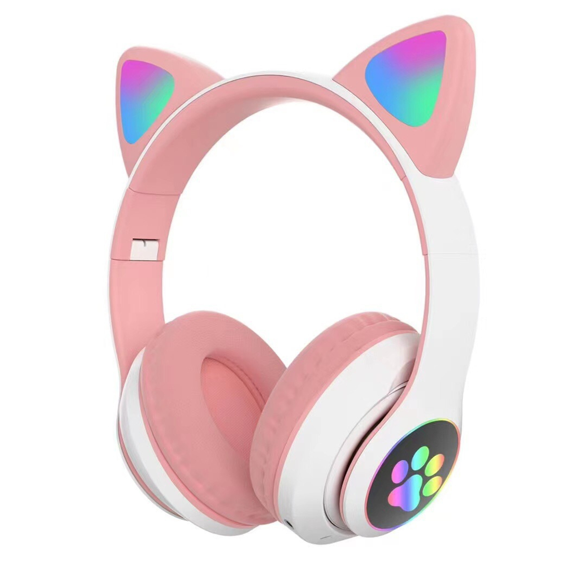 Rosa-weiße Katzenohrkopfhörer mit Regenbogen-Ohrenlichtern und Pfotenlogo.