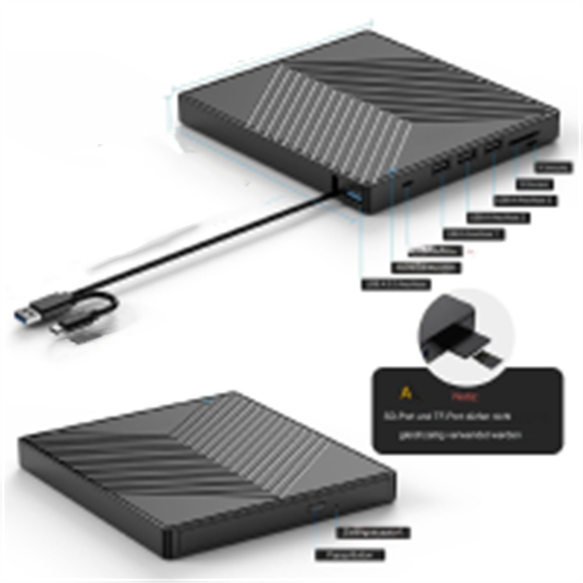 Schwarzes Gerät mit Anschlüssen und Kabel. Es befindet sich auf weißem Hintergrund.