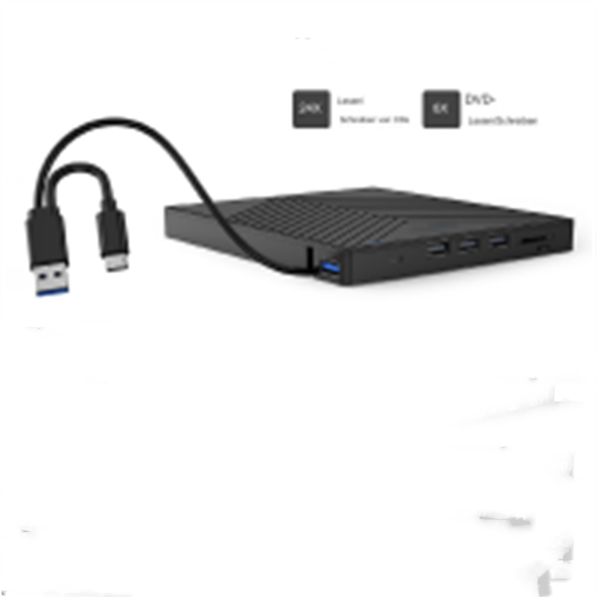 Schwarzer USB-C-Hub mit mehreren Anschlüssen und angeschlossenem Kabel auf weißem Grund.